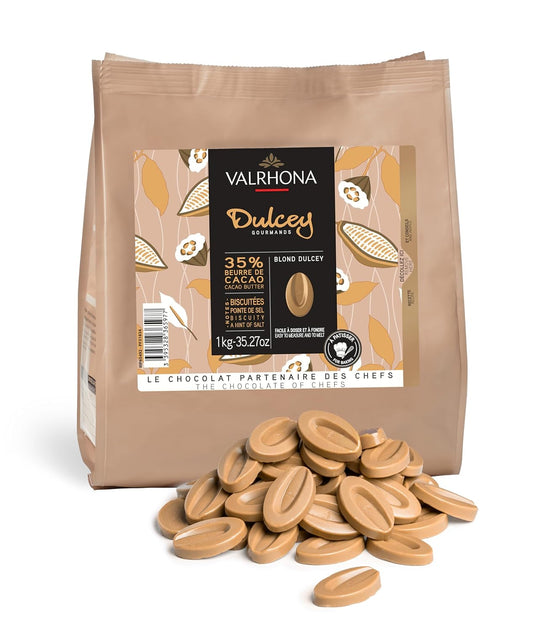 Valrhona Premium French Baking Blonde Chocolate Discs (Feves) DULCEY 35% Cacao, Creamy, Caramel Cookie Flavor Notes, Easy Melt & Tempering Creamy, Balanced, For Luscious Frostings. 1kg (Pack of 1)