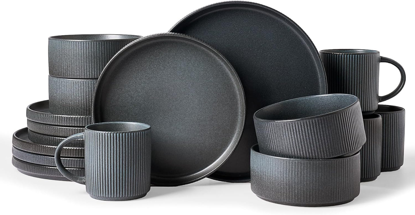 Famiware Star Dinnerware Set with Mugs, Service for 4 (16pcs), Ribbed Stoneware Plates and Bowls Dishes Sets - Chip & Scratch Resistant, Microwave & Dishwasher Safe, Matte Dark Charcoal