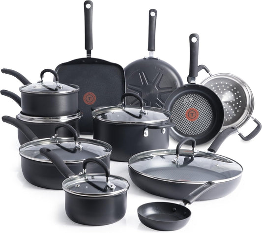 T-Fal Ultimate Hard Anodized Nonstick Cookware Set 17 Piece, Nonstick Pots and Pans Set with Fry Pan, Saucepans, Saute-Pan, Griddle, Dishwasher Safe, Black