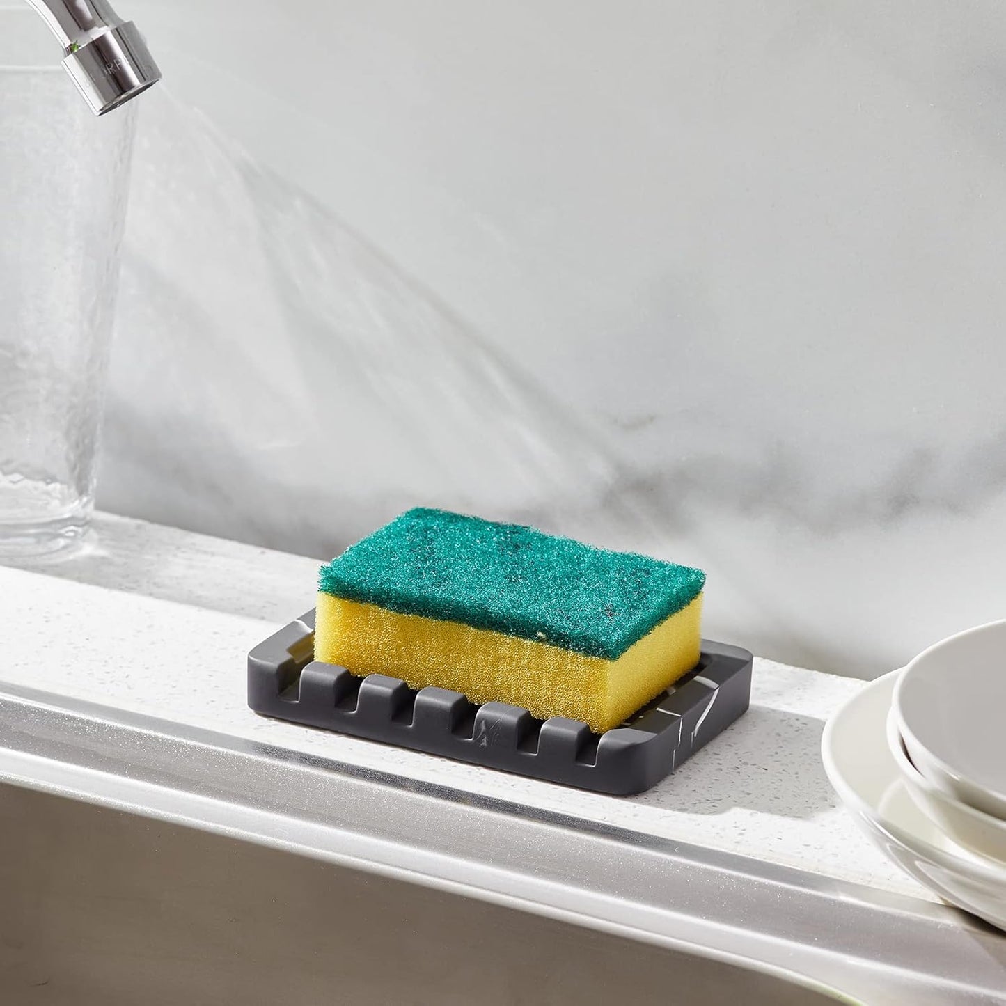 Self Draining Soap Dish - Marble Look Soap Holder Tray Savers Box Container Sponge Holder for Bathroom Shower Kitchen, Black