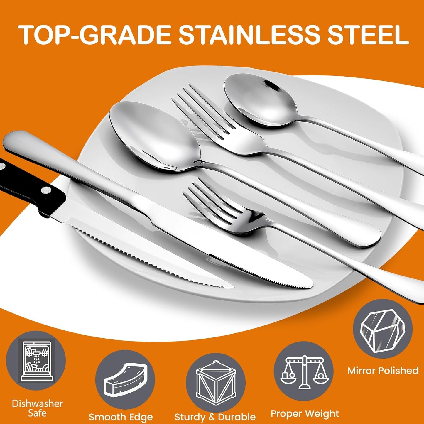 49 Piece Silverware Set with Organizer - Stainless Steel Cutlery Set for 8, kitchen Utensil Flatware with Steak Knives, Spoons and Forks, Dishwasher Safe, Rust-proof & Mirror Polished