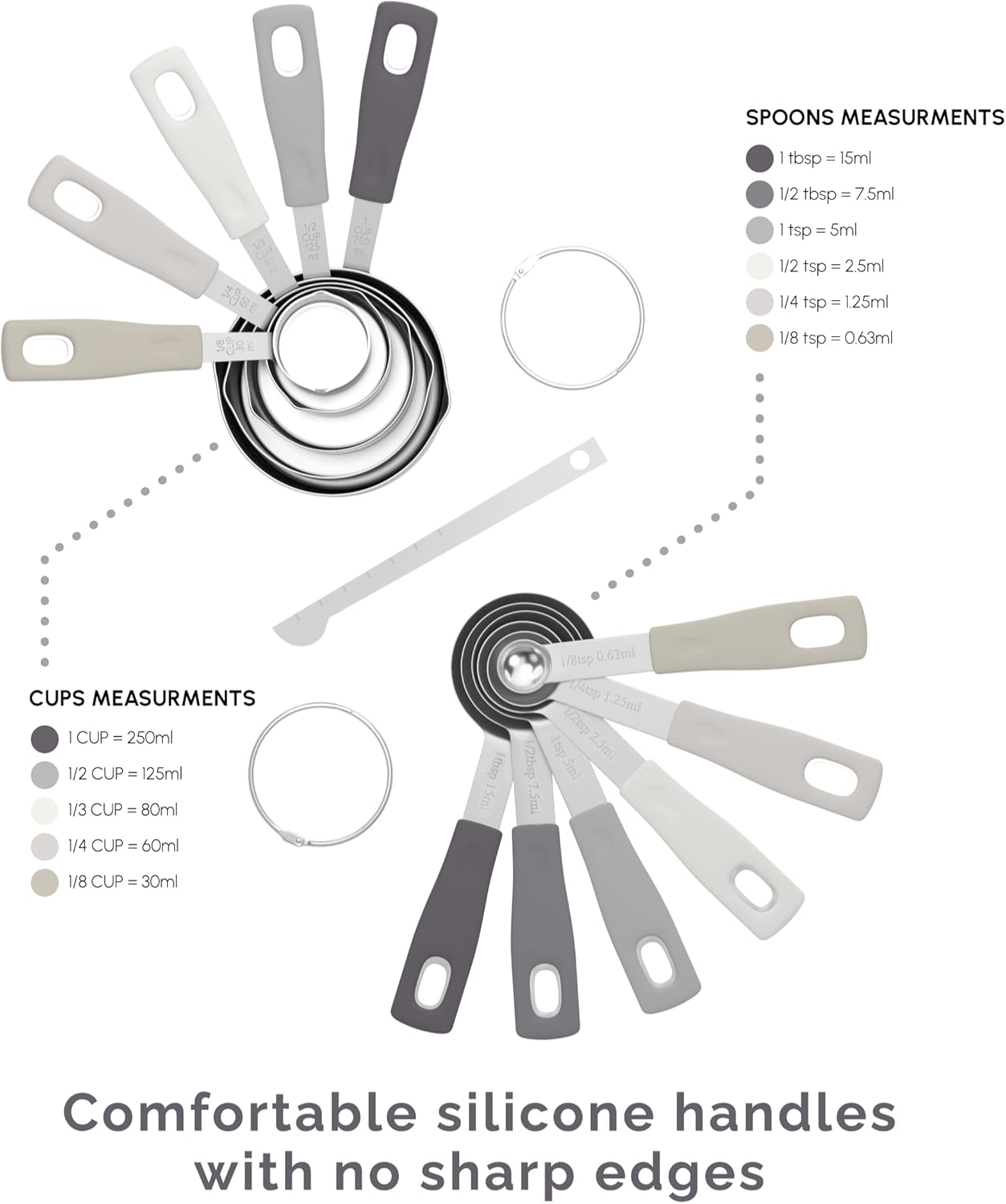 Measuring Cups and Measuring Spoons Set of 14 - Stainless Steel Measuring Cups and Spoons Set, Includes 1/8 Teaspoon Measuring Spoon, 1/8 Cup Measuring Cup, Leveler Dry (14, Charcoal)