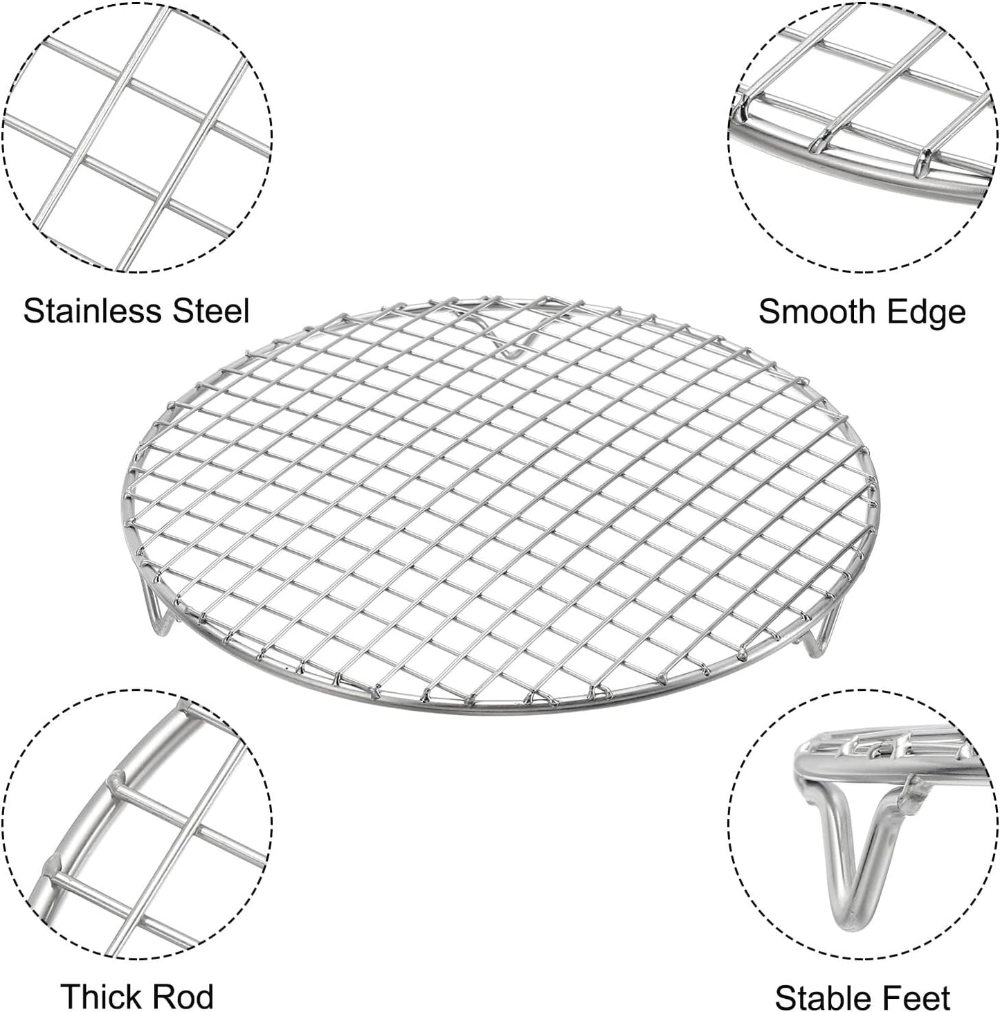 uxcell Round Cooking Rack with Legs, Dia 9.4 Inch 304 Stainless Steel Barbecue Grill for Cooking Baking Barbecue Air Fryer Racks, Silver