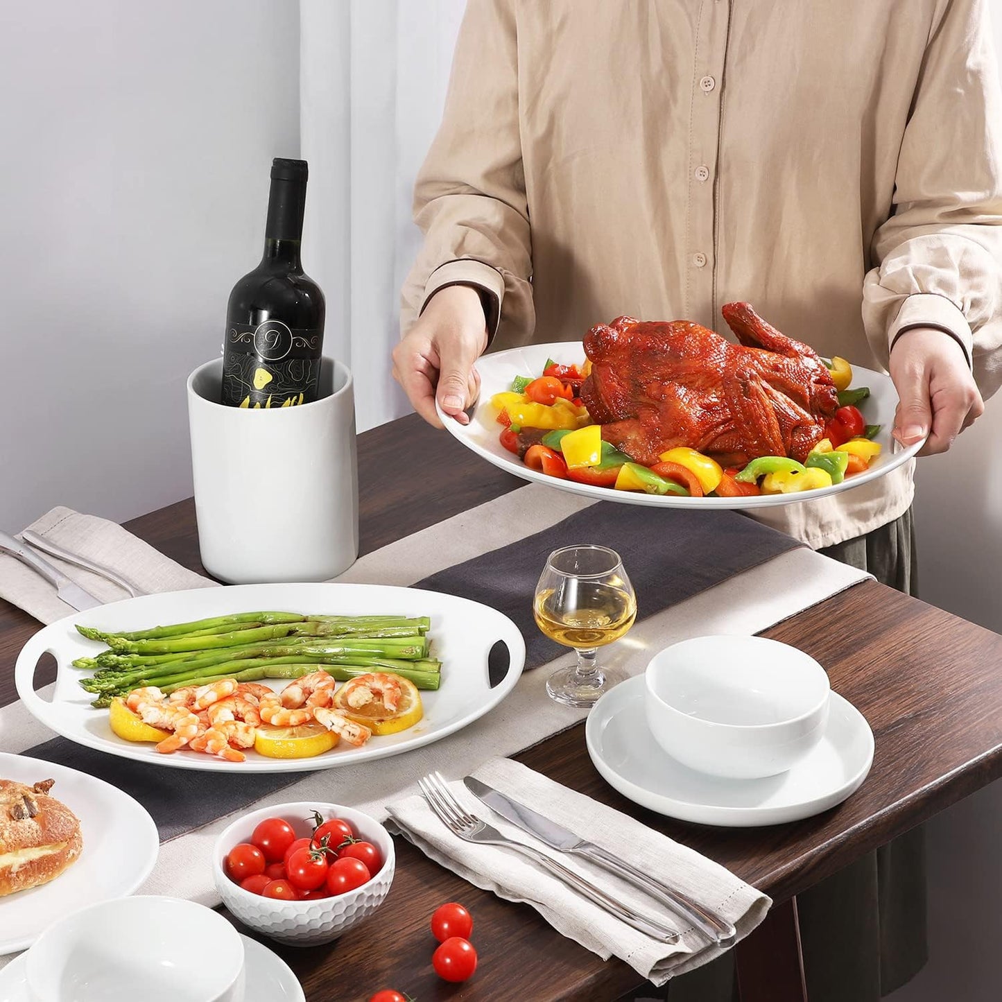 Porcelain Serving Platter with Handles, 14" serving dishes for entertaining, Oval Serving tray for Salad, Stew, Fruits and Pasta, Set of 2, White