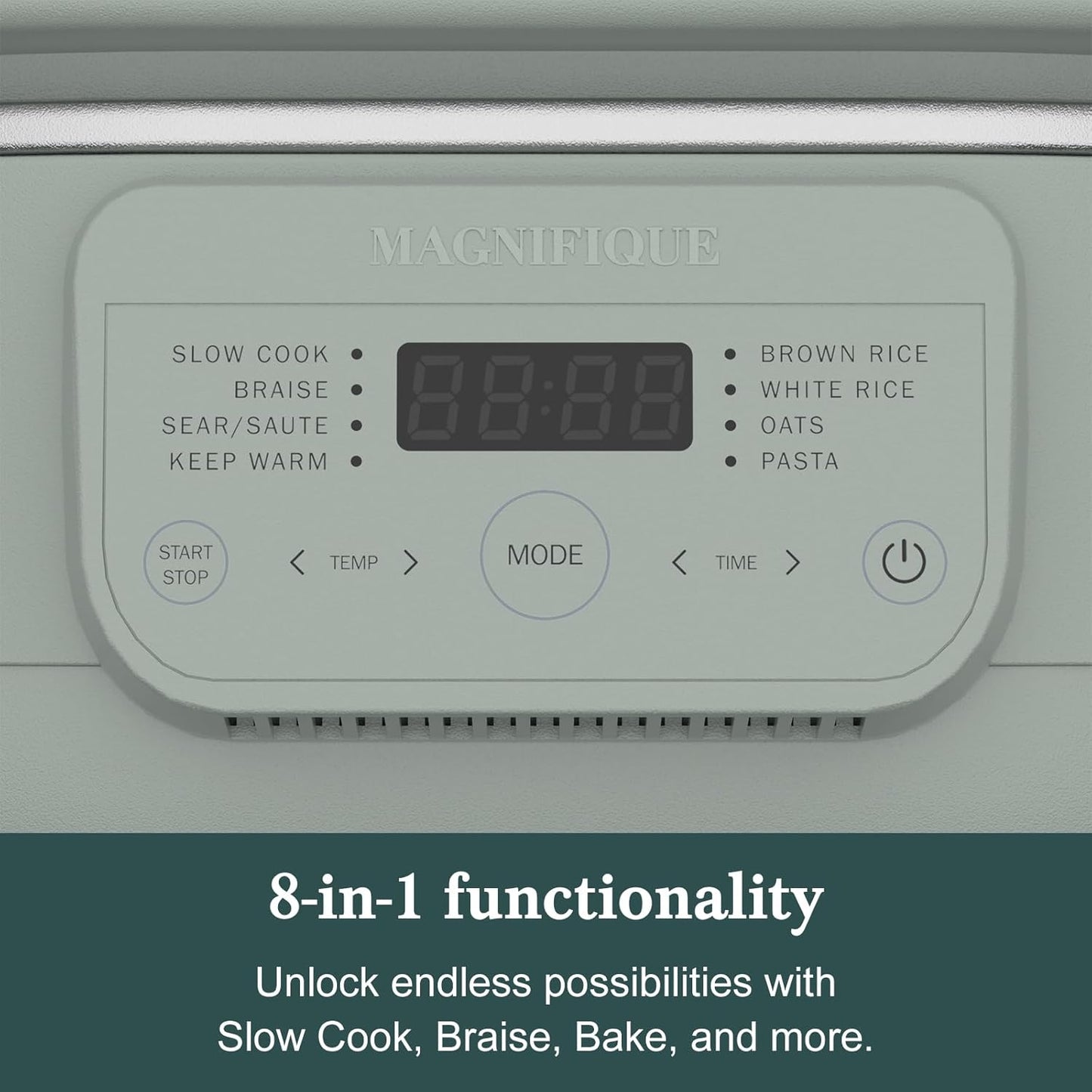 MAGNIFIQUE 4 Quart Claypot Multi-Cooker, with 8-in-1 Casserole Programmable Slow Cooker, Dutch Oven, Pasta, Nonstick Oven Safe Pot to 450°F, Olive