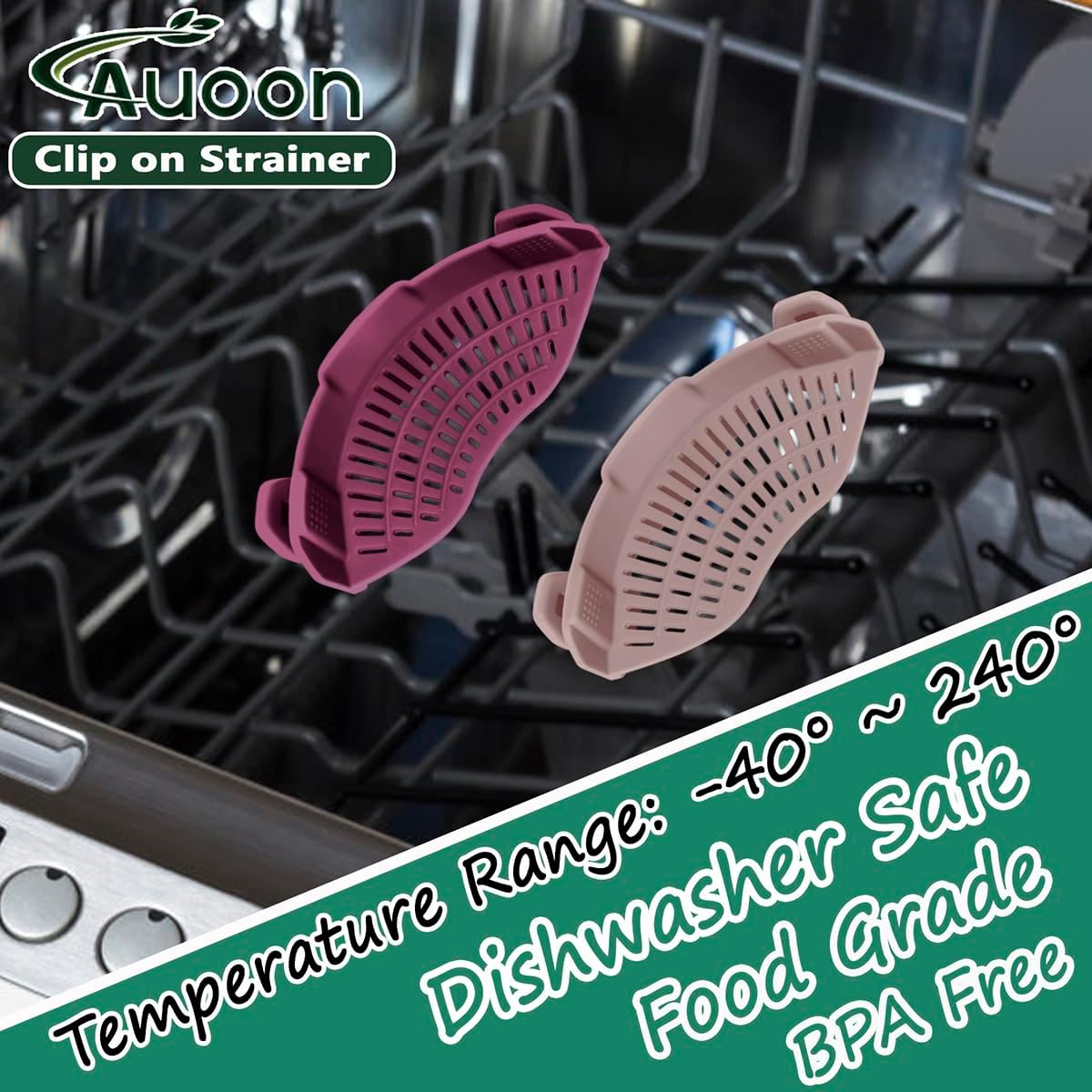 AUOON Clip on Strainer for Pots and Pans - Silicone Food Strainer for Draining Pasta, Spaghetti, Noodles, Fruits, Vegetables, Grease, Ground Beef (Almond Rose)