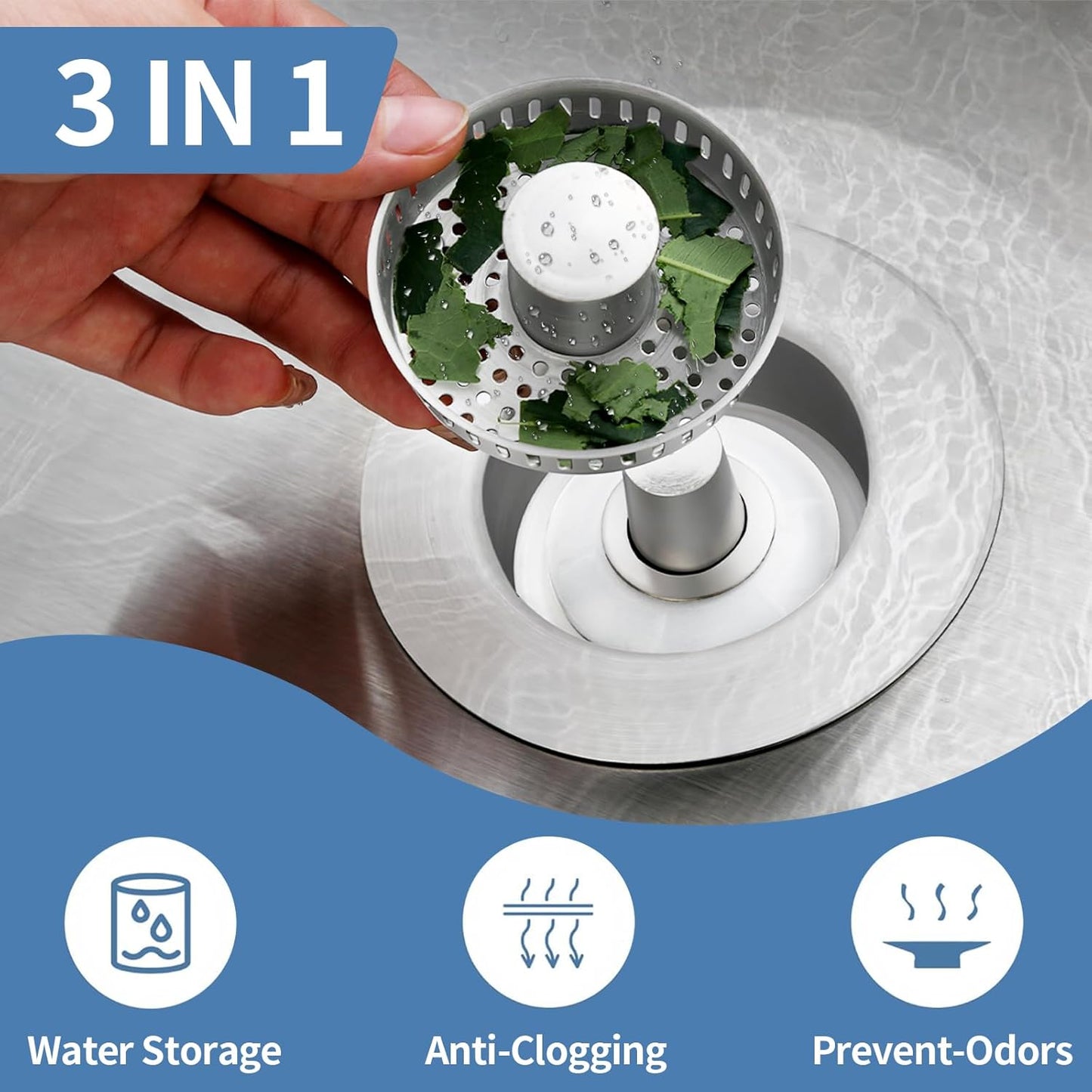3-in-1 Stainless Steel Kitchen Sink Drain Strainer – Pop-up Sink Stopper with Sealing Ring, Anti-Clog & Odor-Proof Drain Filter, Fits 3-1/2 Inch Sink Drain Holes, Easy Installation