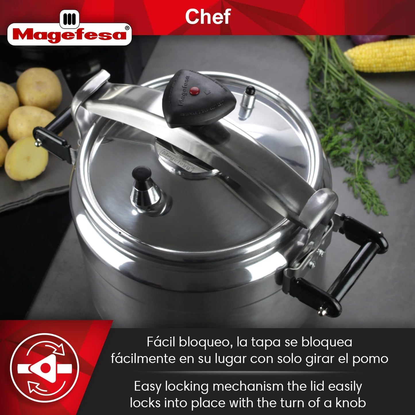 MAGEFESA Chef 16-Quart Aluminum Pressure Cooker – Stainless Steel Lid, Thermodiffusion Base, 3 Safety Systems, Fast & Even Cooking