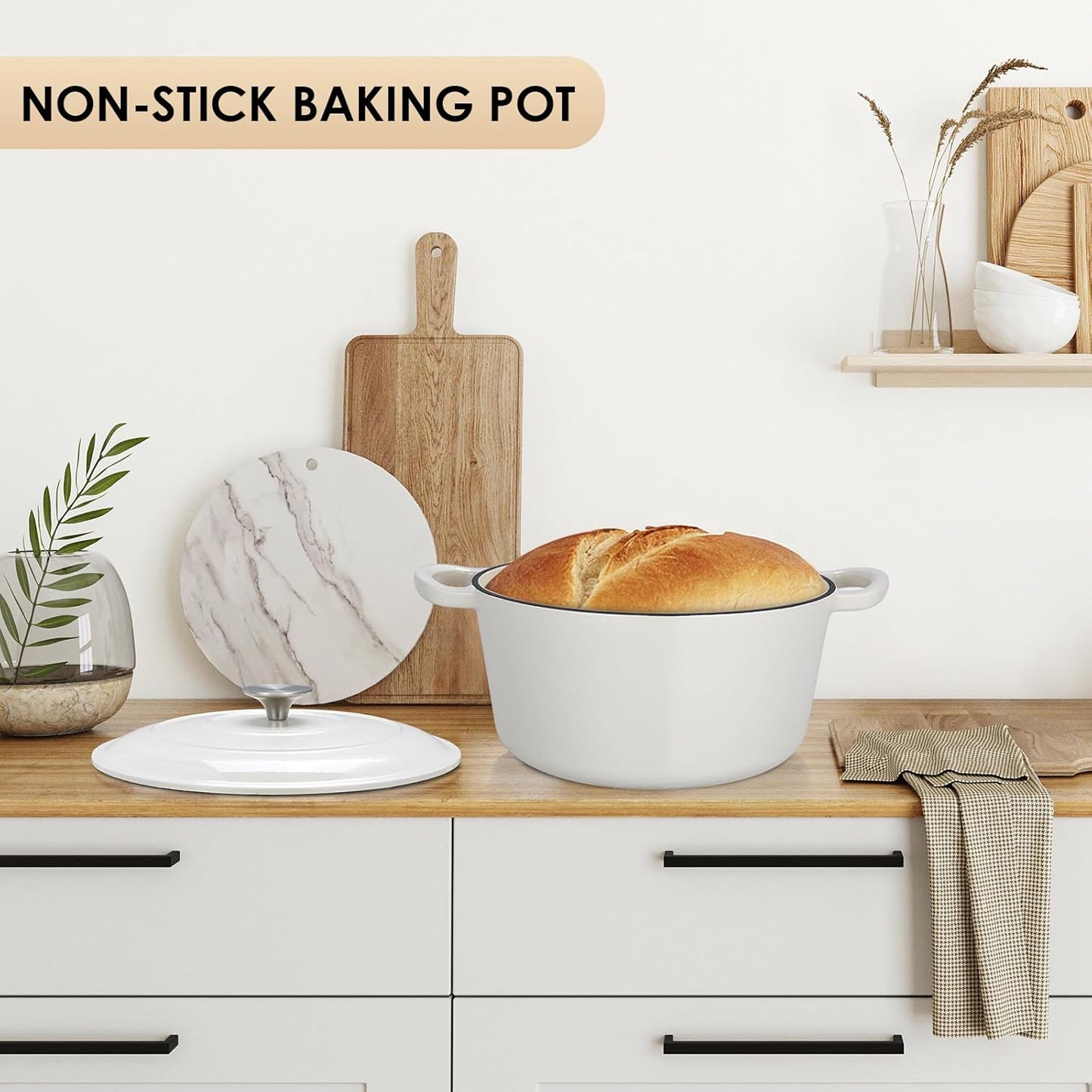 LIFERUN 6 Qt Enameled Cast Iron Dutch Oven Pot with Lid，Oven Safe up to 500° F, Non-Stick Dutch Oven with Dual Handles for Bread Baking, Fry Foods, Braising, Stews, Roasting (White)