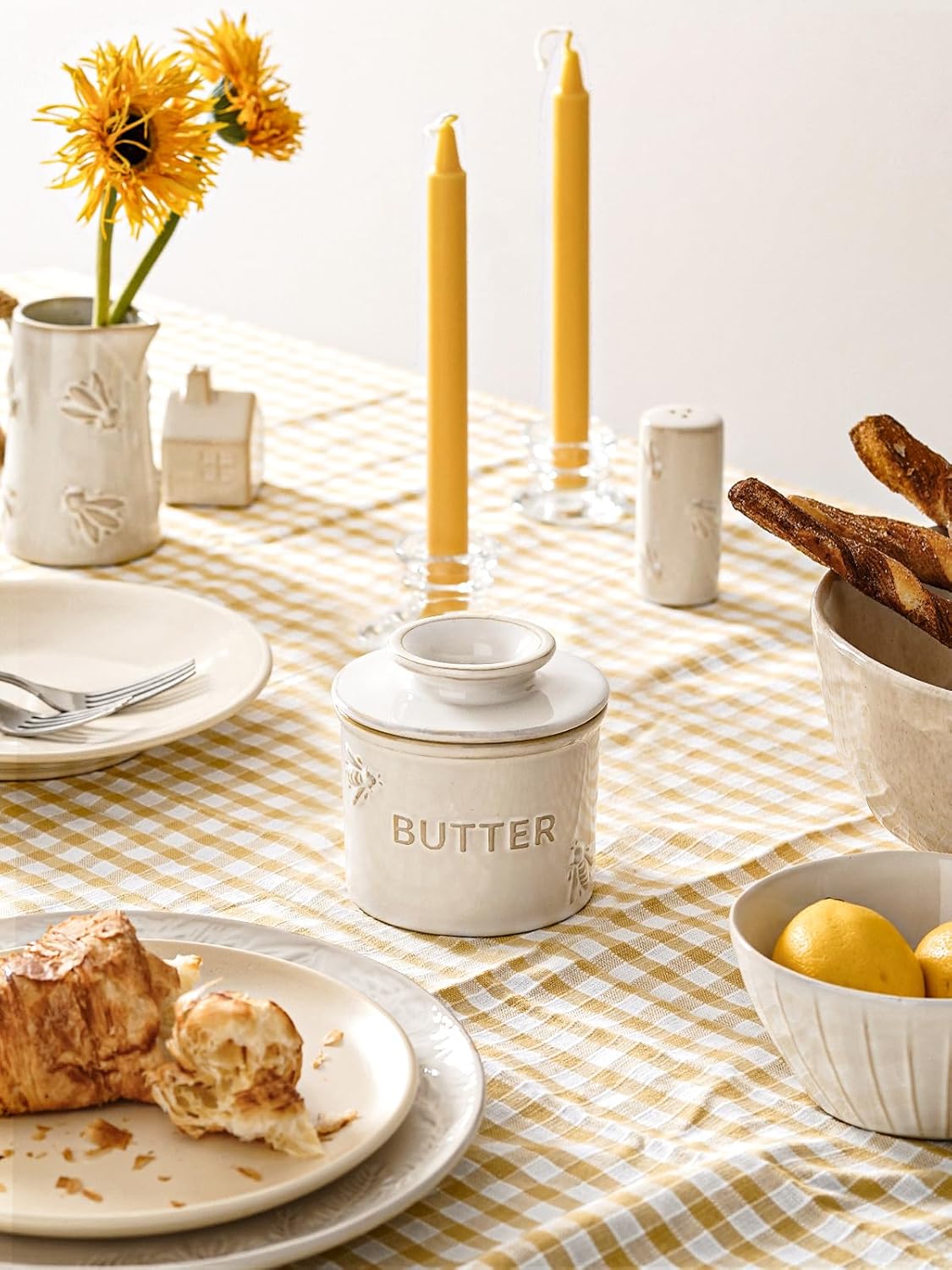 LE TAUCI Butter Crock, Butter Dish with Lid, Butter Container for Counter with Water Line, Embossed French Butter Keeper for Spreadable Butter, Suit For Housewarming - Set of 1, Arctic White, Bee