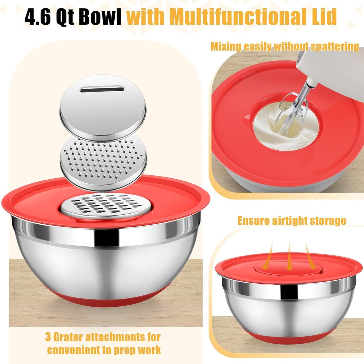 P&P CHEF Mixing Bowl with Lids Set of 3, Stainless Steel Nesting Salad Bowls for Serving Preparing, 3 Grater Attachments & Non-Slip Bottoms, Size 1.5/2.6/4.6 QT, Multicolor