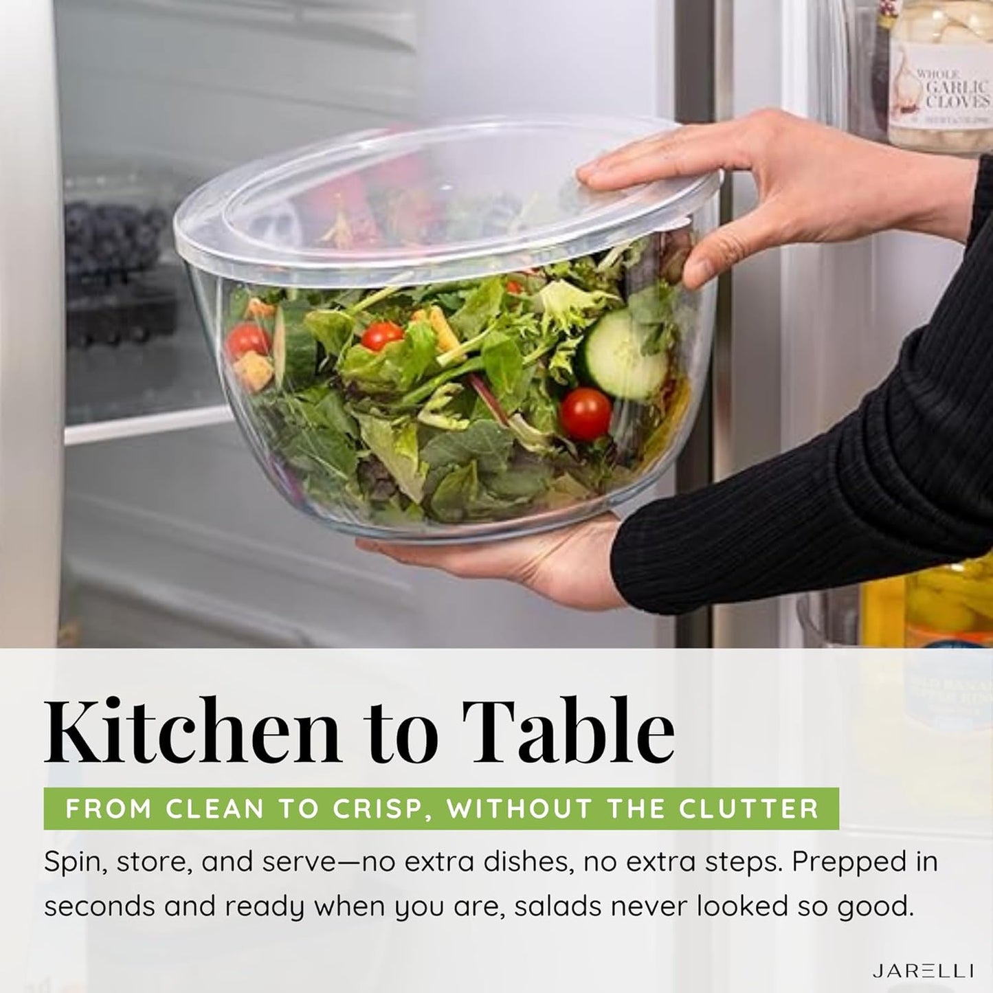 Glass Salad Spinner 6.3QT with Storage Lid | One Handed Press Lettuce Spinner | Salad Spinner for Washing, Spinning, and Draining Greens, Fruits, and Vegetables