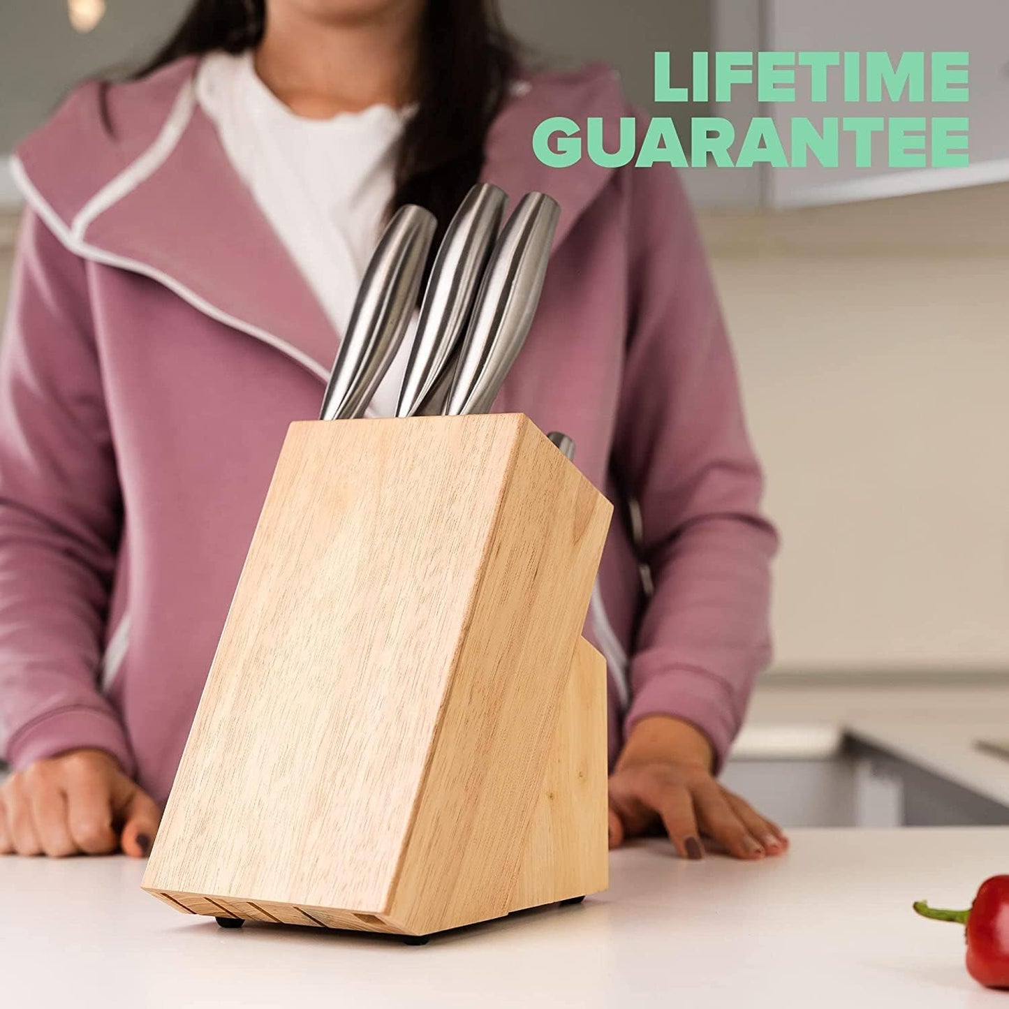 Coninx Rubber Wood Kitchen Knife Block - 15 Slots Knife Holder - Professional Quality Wood Knife Organizer - Secure Knife Stand To Keep Knives Neat & Sharp - Knife Blocks for Kitchen Knife Storage