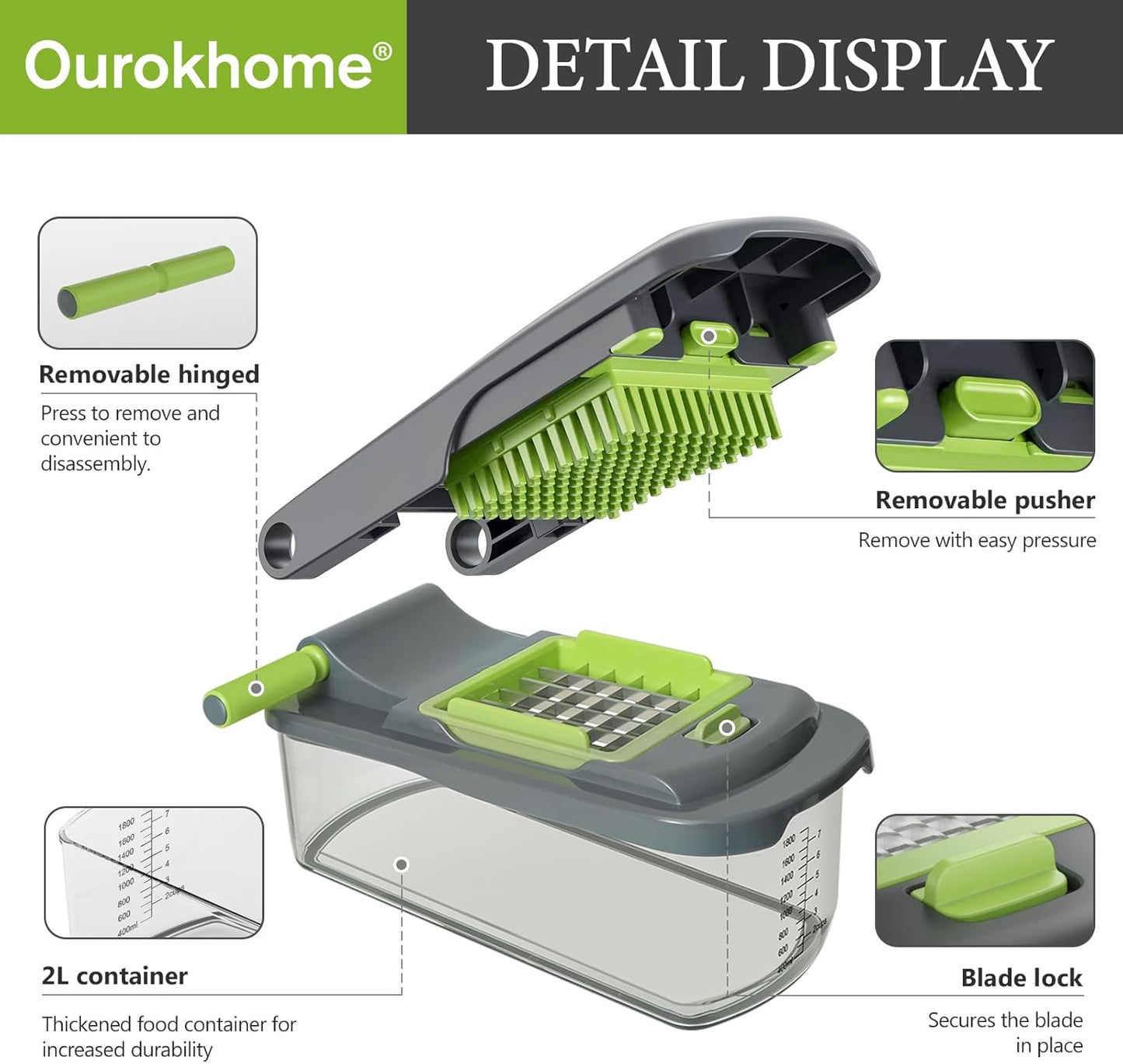 Ourokhome Vegetable Chopper Cutter with Container, Manual Hand Food Veggie Dicer with 2 Chopping Blades for Potato Strips, Onion Cubers, Carrot Sticks, Essential Kitchen Gadgets (2 in 1, Gray)