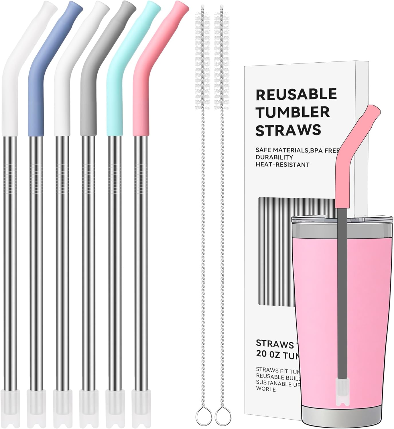 20 oz Straight Metal Straws with Silicone Tip for 20 oz Tumbler, 6 Pcs Stainless Steel Reusable Drinking Metal Straw for YETI, STANLEY, US Acrylio, BJPKPK, Simple Modern and so on