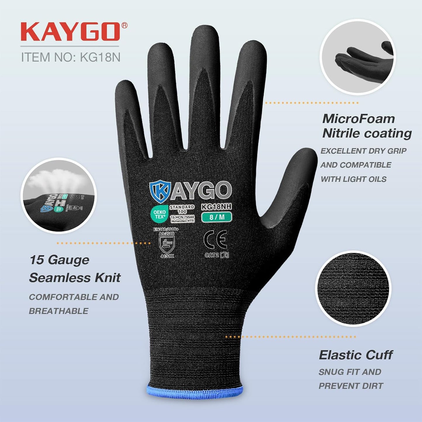 KAYGO Safety Work Gloves MicroFoam Nitrile Coated, 12 Pairs KG18NB,Seamless Knit Nylon Glove with full fingers Touchscreen, Ideal for Automotive,Warehouse,Construction (XL, Black)