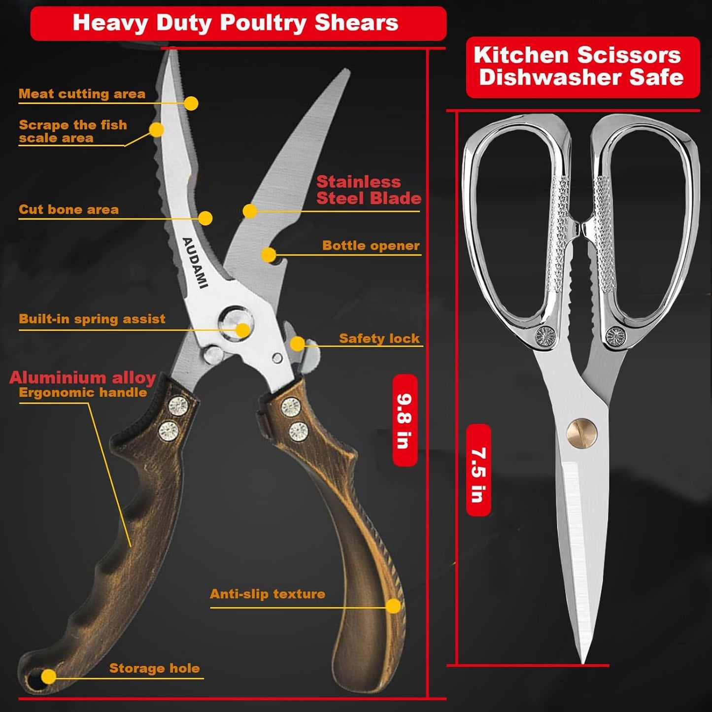 Kitchen scissors 2 Pack,Poultry Shears Heavy Duty Professional Stainless Steel Kitchen Shears,Utility Scissors Food Scissors for Turkey, Meat,Bone,Fish,Chicken,Vegetables,Herbs,BBQ