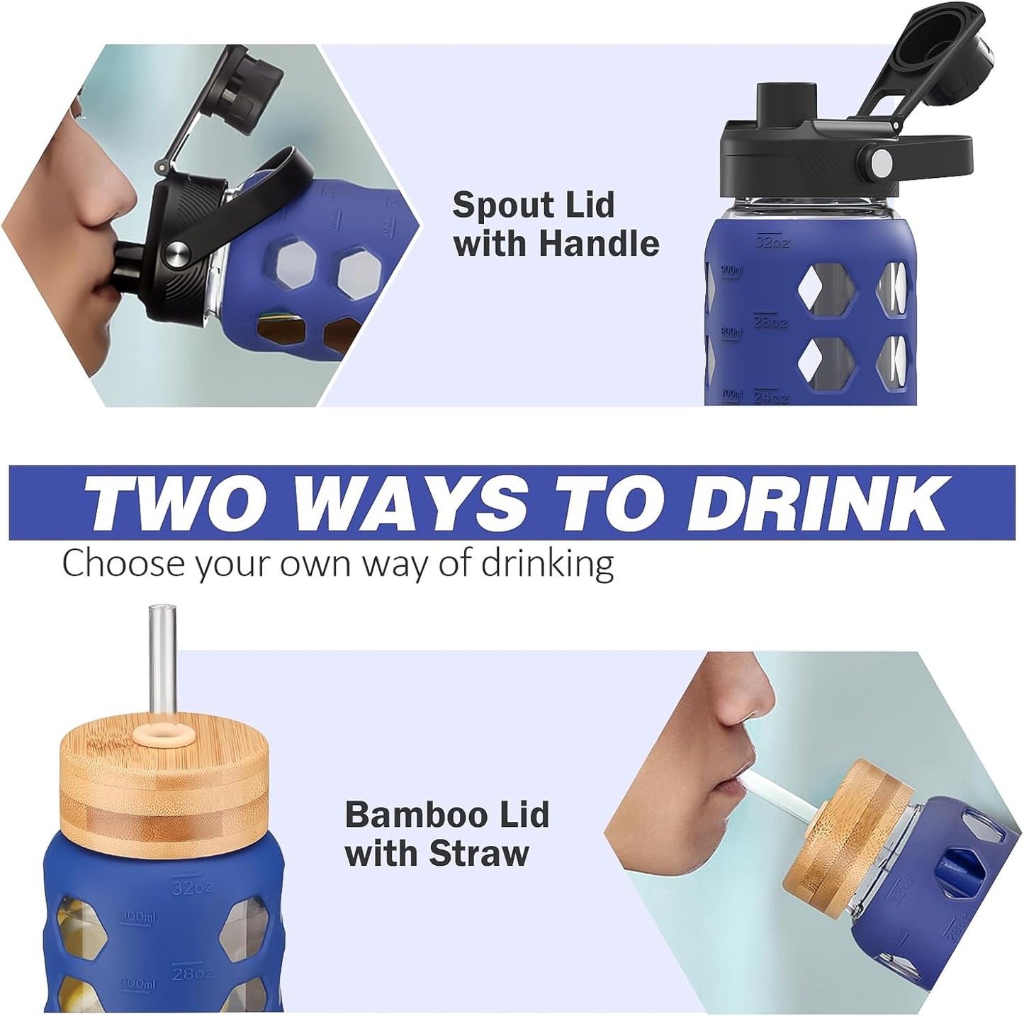 MUKOKO Glass Water Bottles, 32oz Glass Tumbler with Straw, Drinking Bottles with 2 Lids-Handle Spout Lid&Bamboo Straw Lid, Motivational Water Bottle with Time Marker and Silicone Sleeve, 1 Pack-Blue