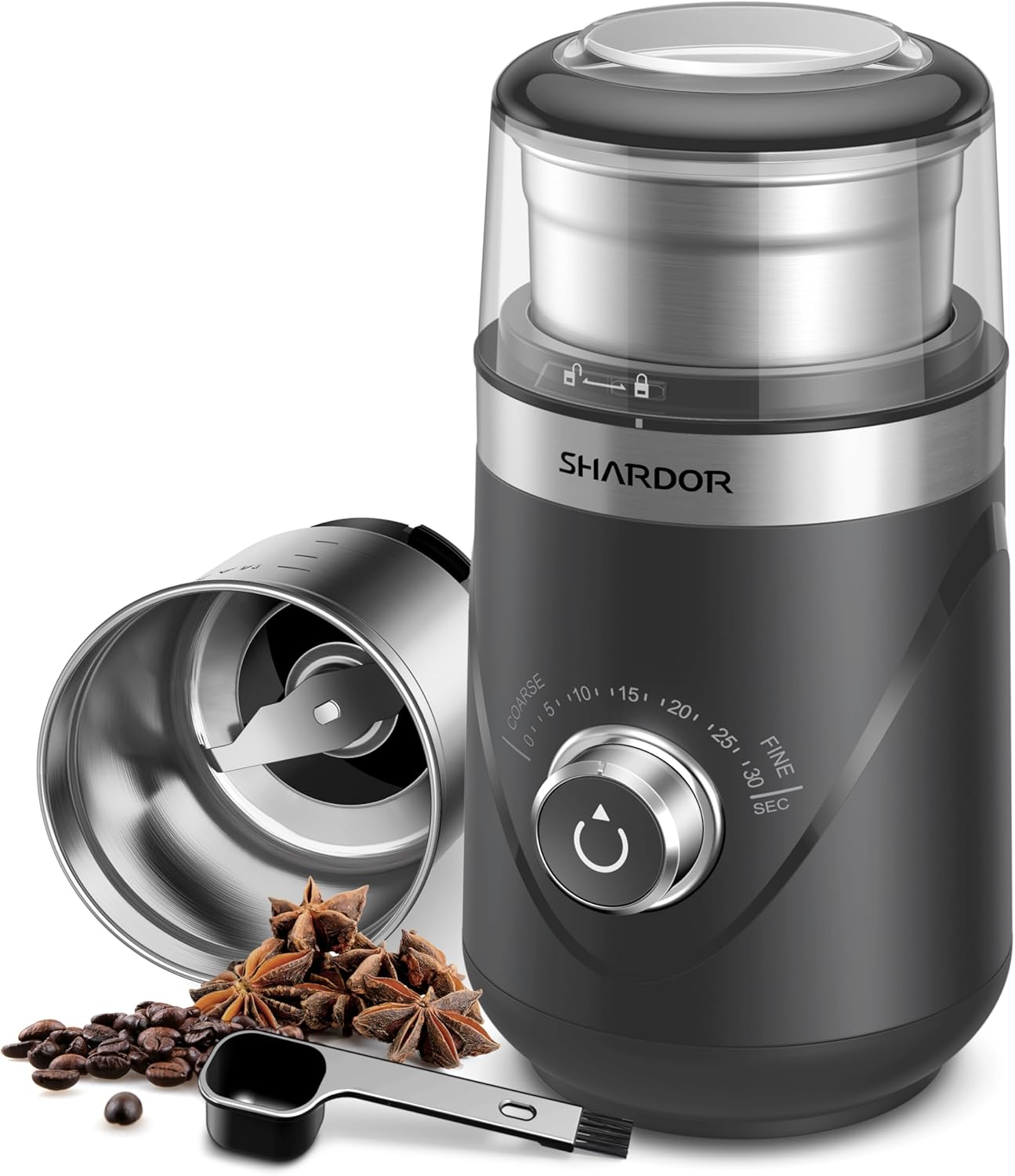 SHARDOR Electric Super Silent Blade Coffee Grinder, Timed Grind Control Rotary Knob, Adjustable Coarse to Fine for Coffee Beans, Spices & Herbs, with 1 Removable Stainless Steel Bowl,Light Gray