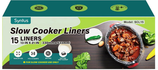 Syntus Slow Cooker Liners, 15 Count Cooking Bags Large Size Disposable Pot Liners Plastic Bags, Fit 3QT to 8QT for Slow Cooker Cooking Trays, 13"x 21", 15 Liners