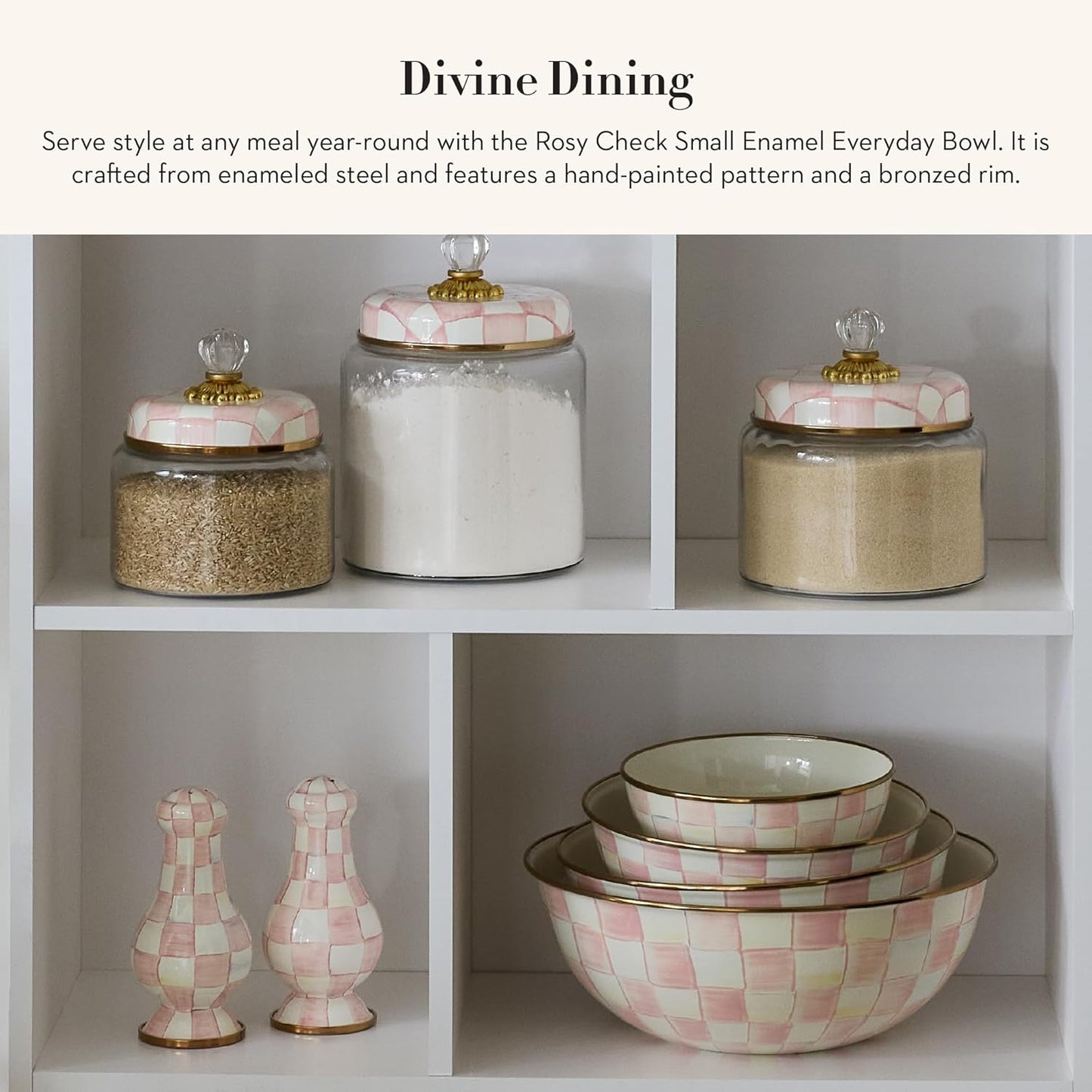 MACKENZIE-CHILDS Enamel Everyday Bowl, Serving Bowl for Entertaining, Small, Pink-and-White Rosy Check, Set of 1