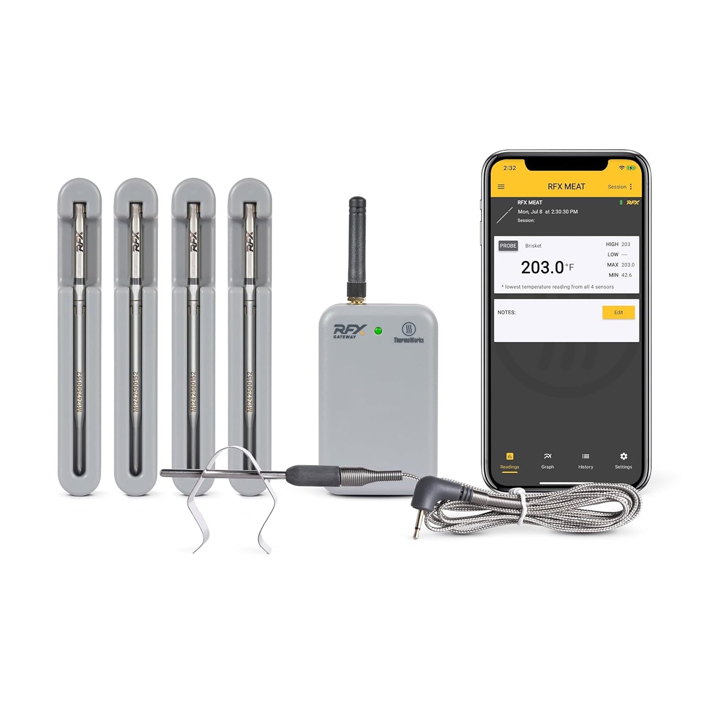 ThermoWorks RFX | Smart Wireless Meat Thermometer | Wi-Fi & Radio Frequency | Stronger Signal Than Bluetooth | Meat Probe for Use in Smoker, Grill, BBQ, Oven - 4-Probe Kit