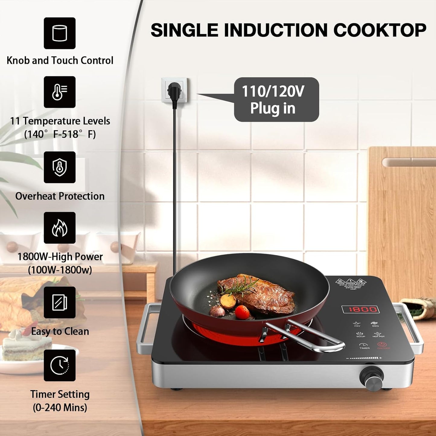 Portable Electric Cooktop 110V, 1800W Electric Stove Infrared Hot Plate with Knob Control, Nafewin Single Burner Countertop Burner with Handle, 4-Hours Timing Setting, Compatible for All Cookwares