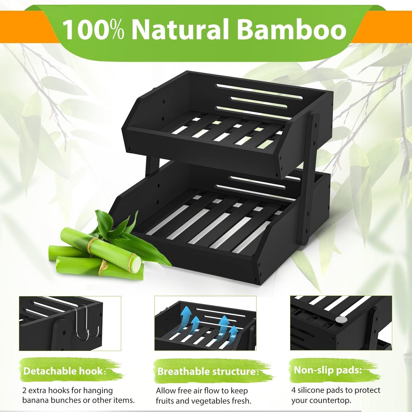 Bamboo Fruit Basket for Kitchen– 2 Tier Fruit Bowl For Kitchen Counter, Large Fruit Holder With 2 Banana Hangers, Idea For Fruit and Vegetable Storage, Bread Basket, Snack Organizer(BLACK)