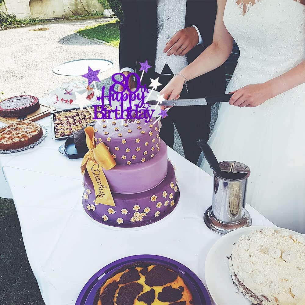 Glittery 80th Happy Birthday Cake Topper with Star,Personalised 80 Birthday Cake Toppers Party Decorations Party Supplies for Men Women Purple Silver