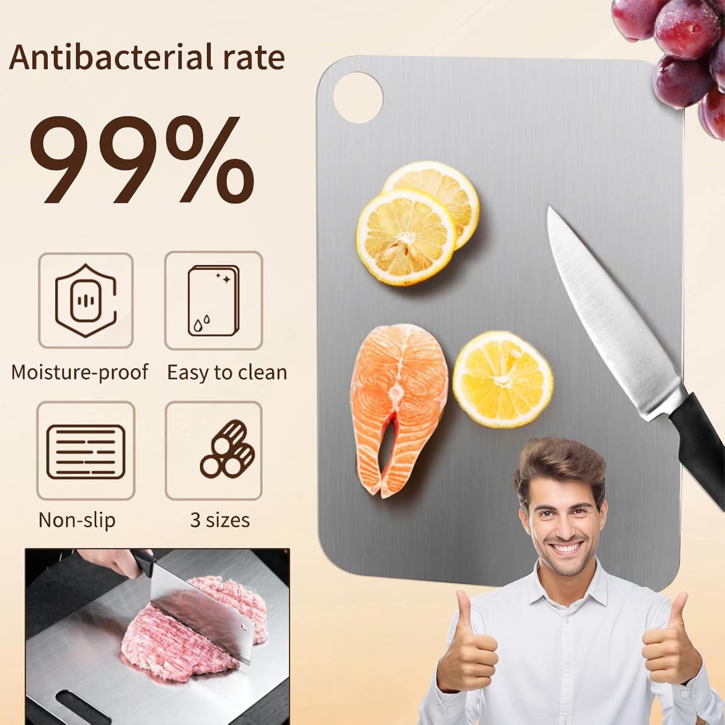 New Titanium Cutting Board-Stainless Steel Cutting Boards for kitchen,Double-Sided Food Grade Non Toxic Cutting Board,Chopping Boards Necessities for Home Outdoor Camping Meal Prep,Easy to Clean （S）