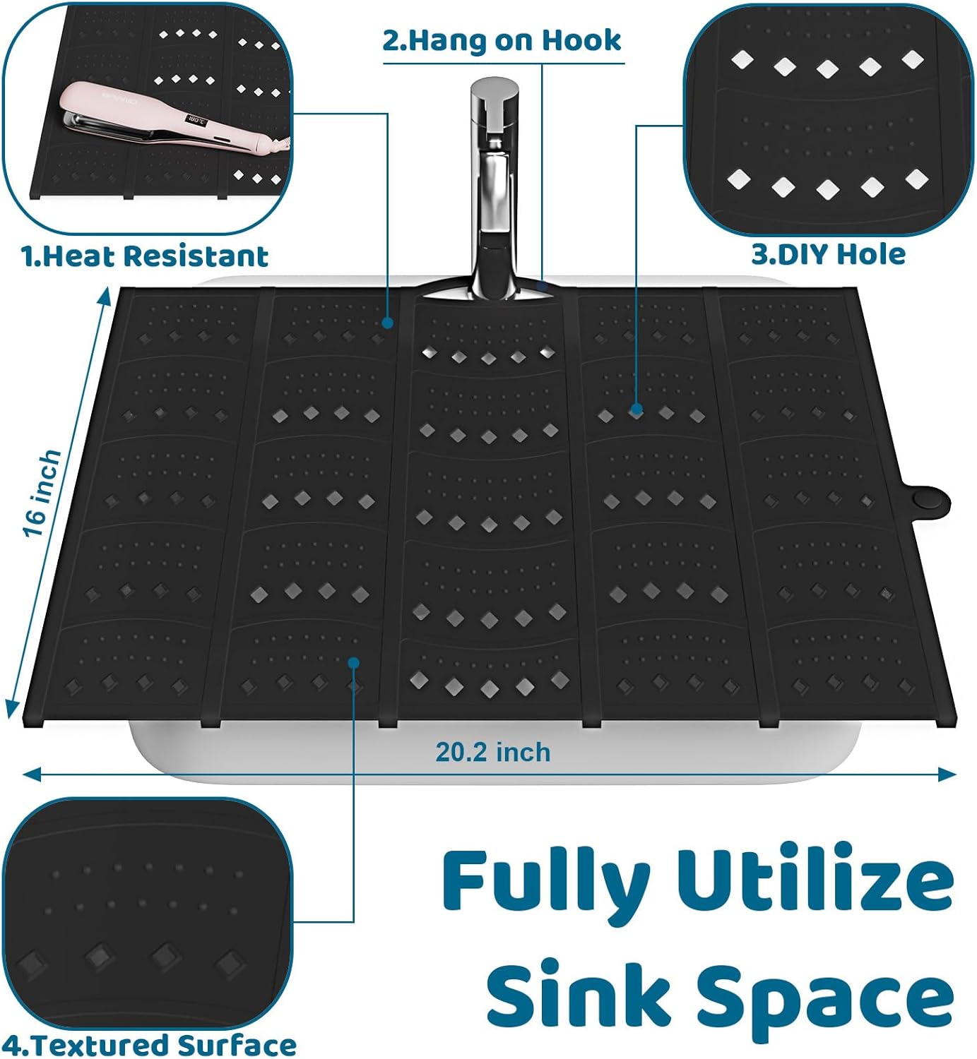 Bathroom Sink Cover for Counter Space, Sink Mat Foldable Sink Cover, Silicone Makeup Organizer Mat Space Saver, Small Bathroom & Rv Camper Travel Must Haves Accessories, Black