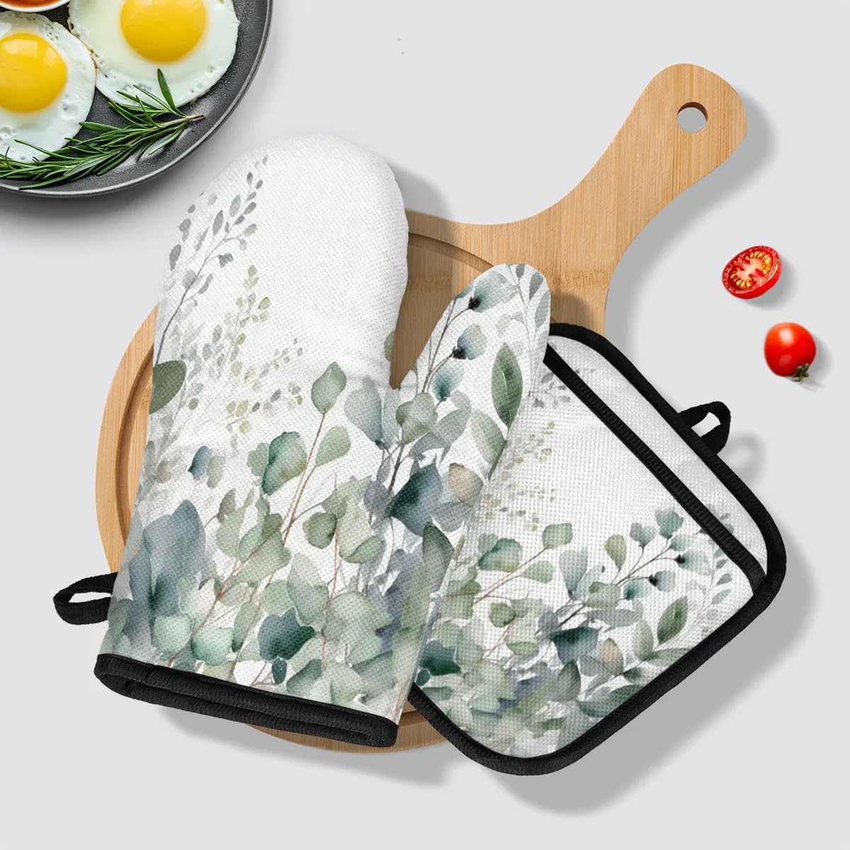 Sage Green Eucalyptus Oven Mitts and Pot Holders Sets, 2 Pcs Decorative Kitchen Oven Glove for Cooking
