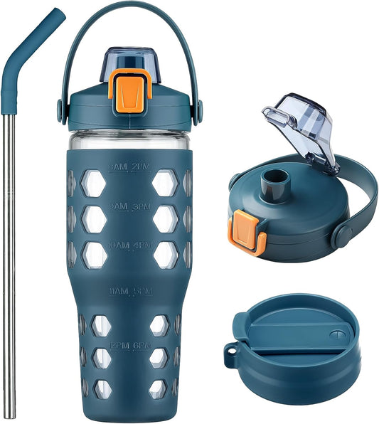 MUKOKO 32 oz Glass Tumbler with Straw,Glass Water Bottles with Time Marker,Iced Coffee Cup with 2 Lids-Handle Spout Lid&Straw Lid,Silicone Sleeve,Leakproof,1 Pack-Blue