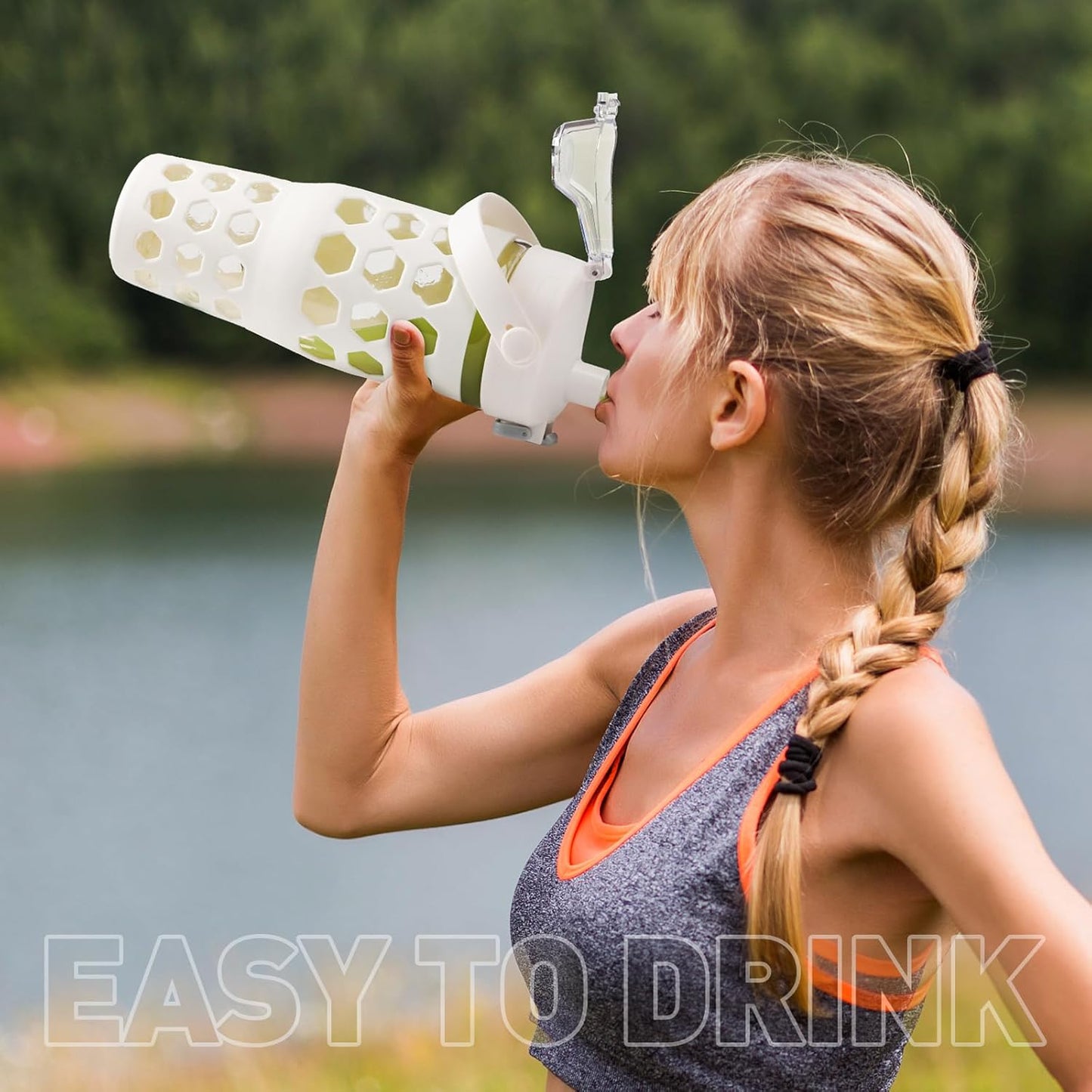 MUKOKO 32 oz Glass Tumbler with Straw,Glass Water Bottles with Time Marker,Iced Coffee Cup with 2 Lids-Handle Spout Lid&Straw Lid,Silicone Sleeve,Leakproof,1 Pack-White