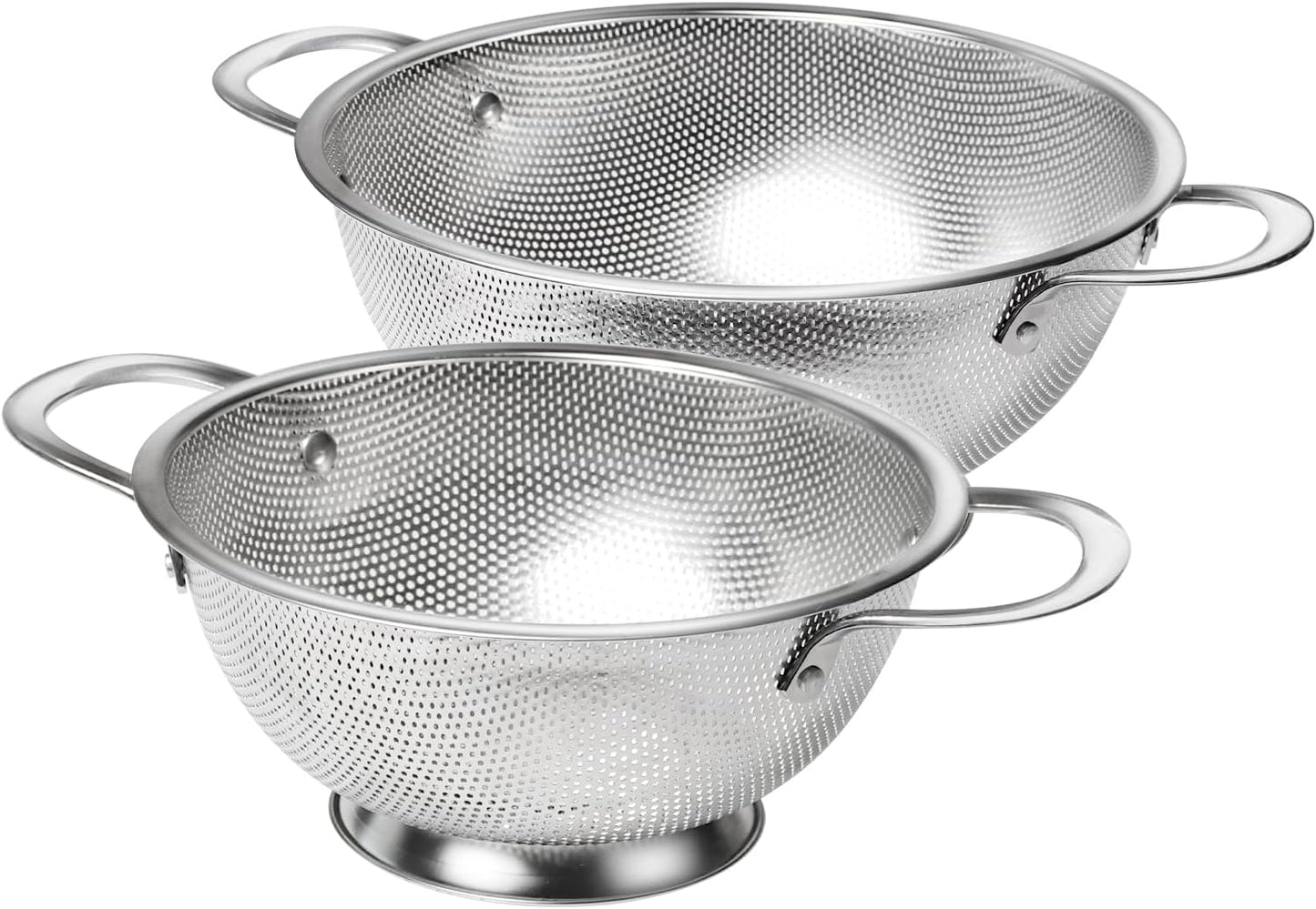 Premium Stainless Steel Colander for Kitchen, Food Strainer Basket with Handle and Solid Ring Base for Fruits Vegetables Rice and Pasta, Dishwasher Safe (3QT+5QT)