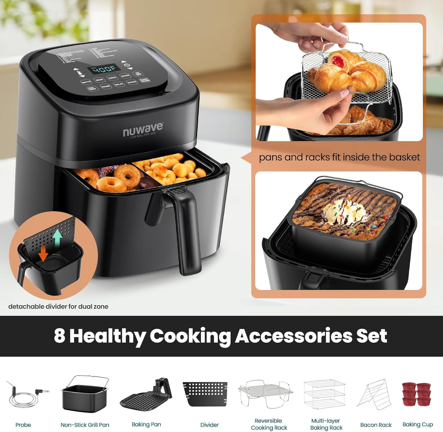 Nuwave Brio 10-in-1 Air Fryer, 6 QT Airfryer Capacity with Smart Probe, Roast Grill Bake for Fast Meals, One-Touch Digital Controls, Powerful 1800W Fryer, 100 Recipes, Removable Divider & Grill Pan
