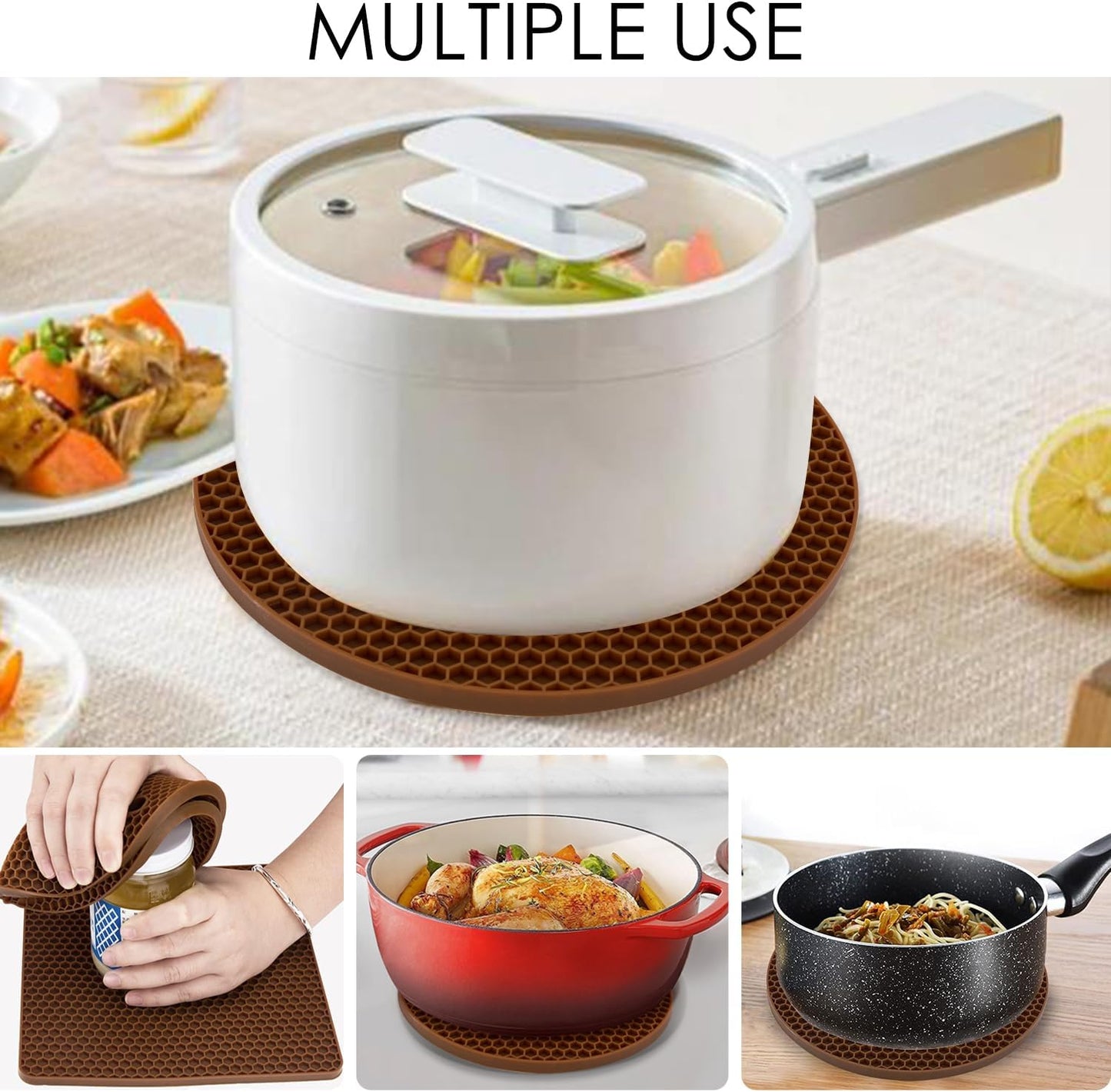 4 Pack Silicone Trivet Mats, Heat Resistant Silicone Hot Pot Holders Hot Pads for Kitchen Countertop, Non-Slip Brown Trivets for Pots and Pans, Hot Plate Mat Coffee Trivet Food Grade Silicone Mat