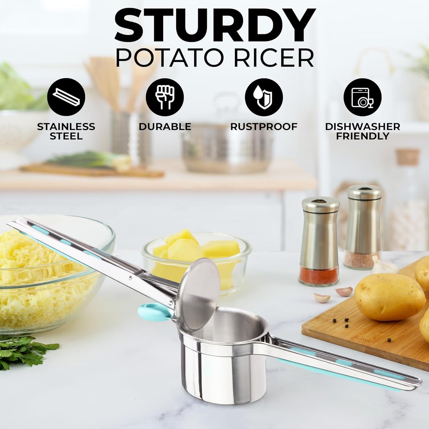 Zulay Kitchen Premium Large 15oz Potato Ricer, Heavy Duty Professional Stainless Steel Potato Masher and Ricer Kitchen Tool, Press and Mash Kitchen Gadget - Turquoise