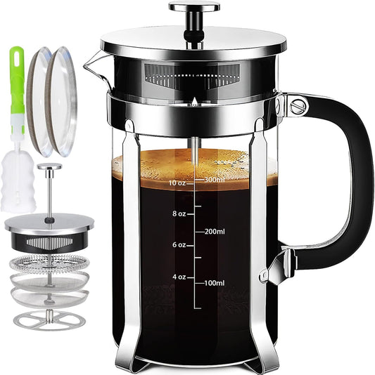French Press Coffee Maker 304 Stainless Steel Coffee Press,with 4 Filters System, Heat Resistant Thickness Borosilicate French Press Glass, BPA-Free Brewed Tea Pot Coffee Plunger(Copper 12oz)