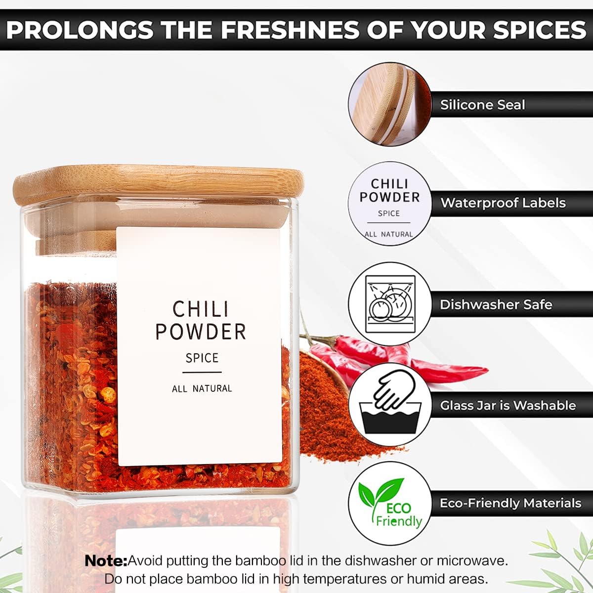 12 Pcs Square Glass Spice Jars with Natural Bamboo Lids - 5oz Airtight Herb Containers with 148 Waterproof Minimalist Spice Labels Preprinted - Empty Small Seasoning Jars for Kitchen Pantry