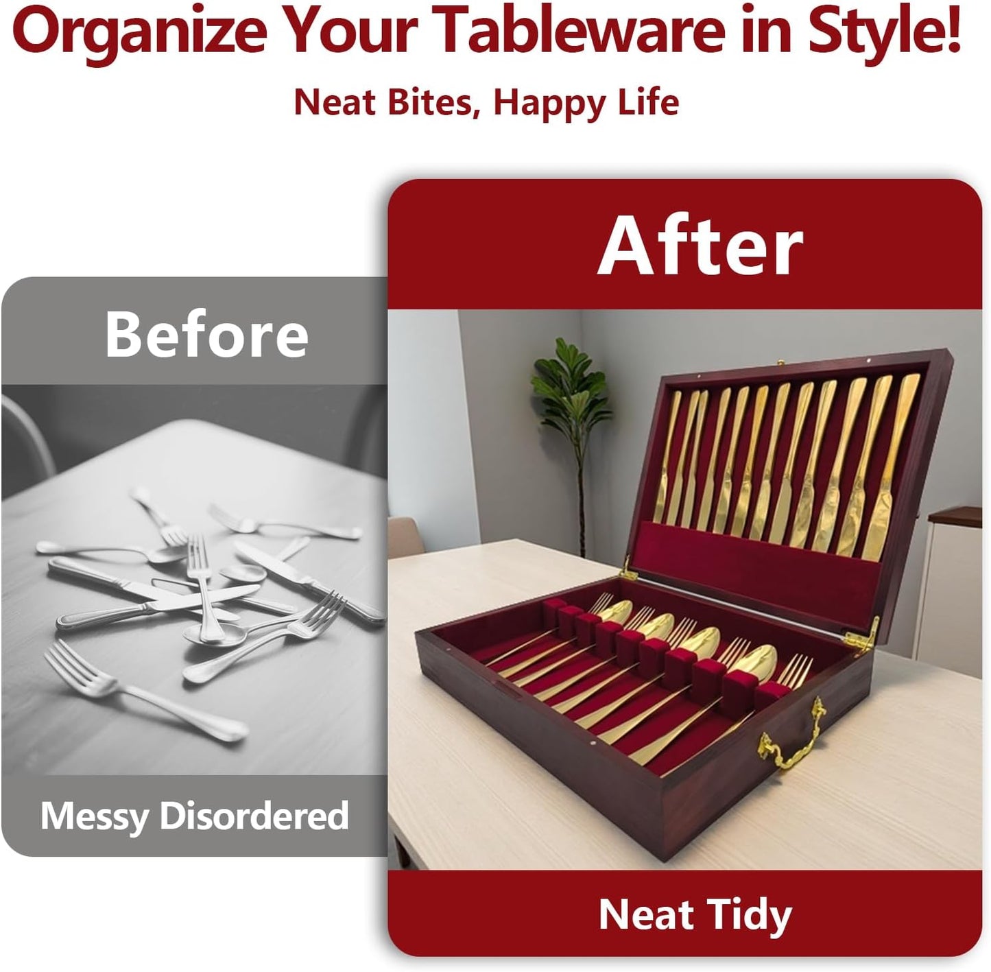 Silverware Storage Box, Kitchen Drawer Organizer, Drawer-containing flap-type storage box, Wood Chest, with Tarnish Proof Felt Lined, Storage Silver Chest for Kitchen (1 layer)