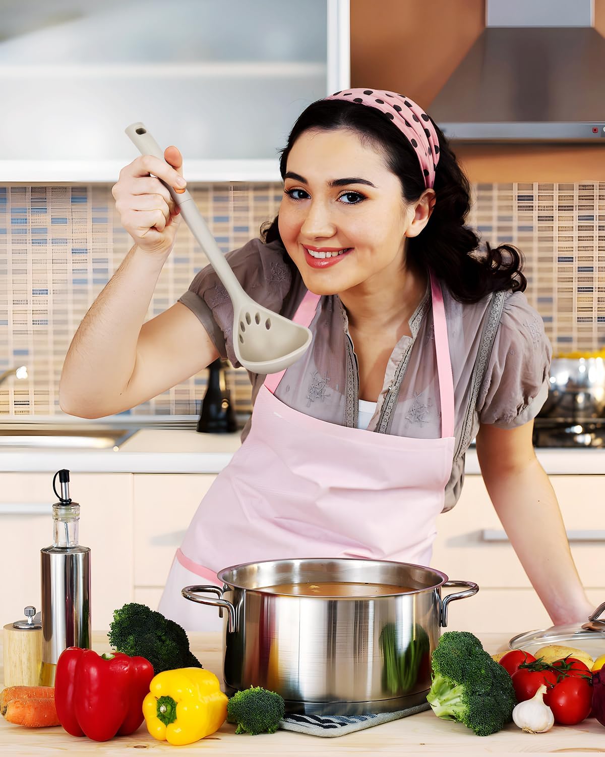 Silicone Pasta Fork and Ladle Spoon Set, Large Non Stick Kitchen Utensils for Cooking,Stirring,One Piece Serving Spaghetti, Soup, Sauce (KHAKI)