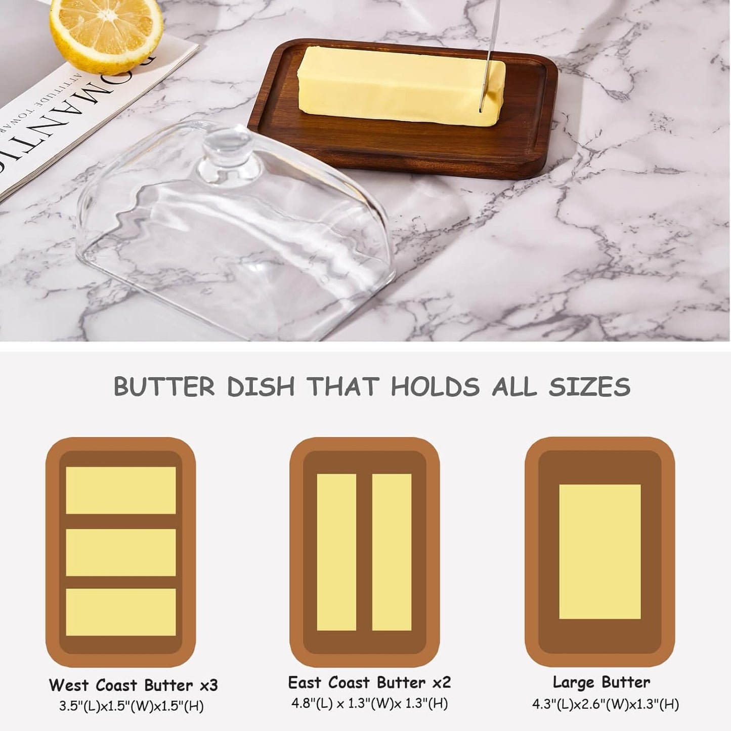 butter dish with lid, glass airtight lid keeps butter soft, for countertop and refrigerator. Widened design to fit all butters. Covered butter dishes with, Made of glass and Acacia wood.