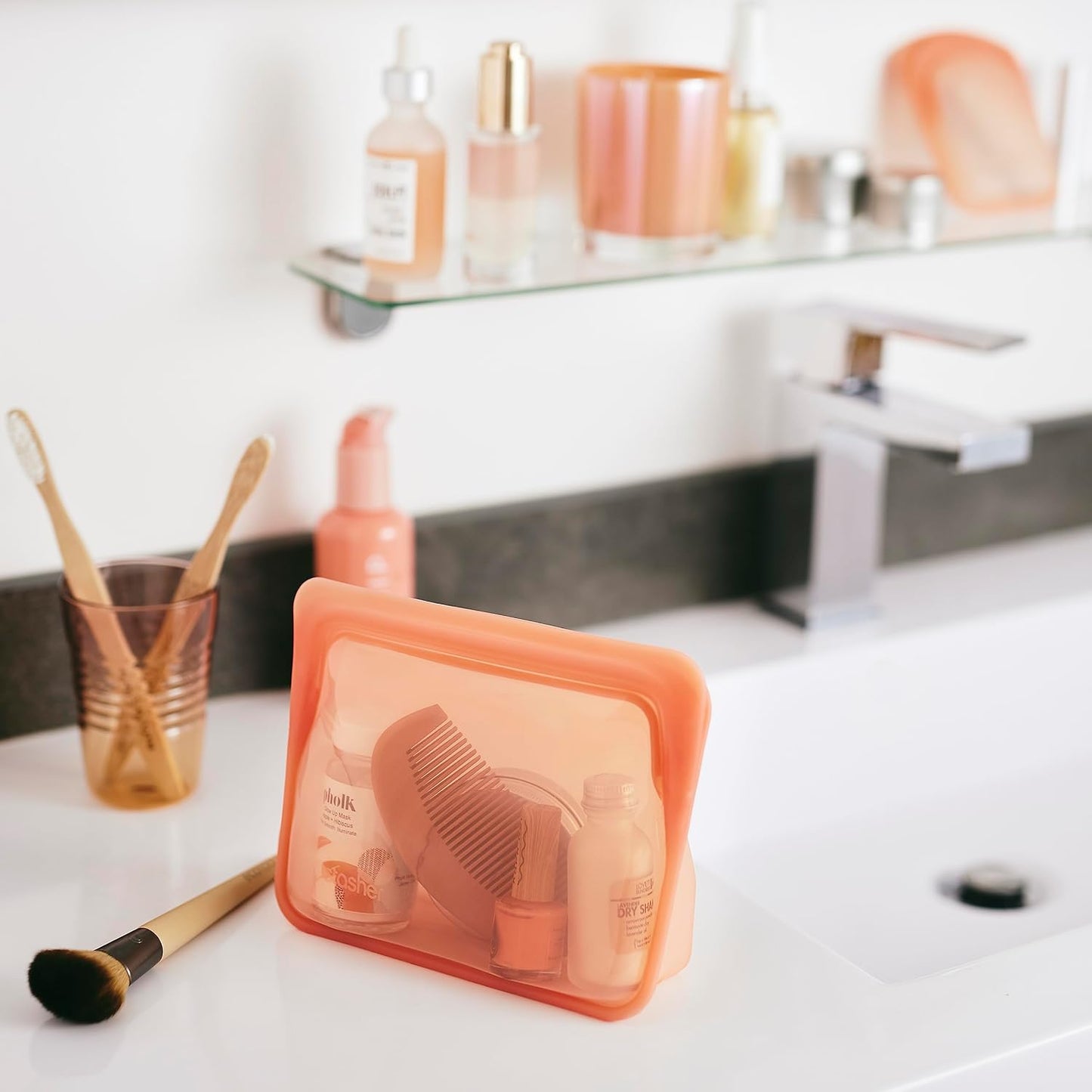 Stasher Premium Silicone Reusable Food Storage Stand-Up Mini Bag, Pink, Microwave, Sous Vide, Dishwasher, Oven and Freezer Safe, BPA Free, Leak-free, Eco-friendly, 28 Oz