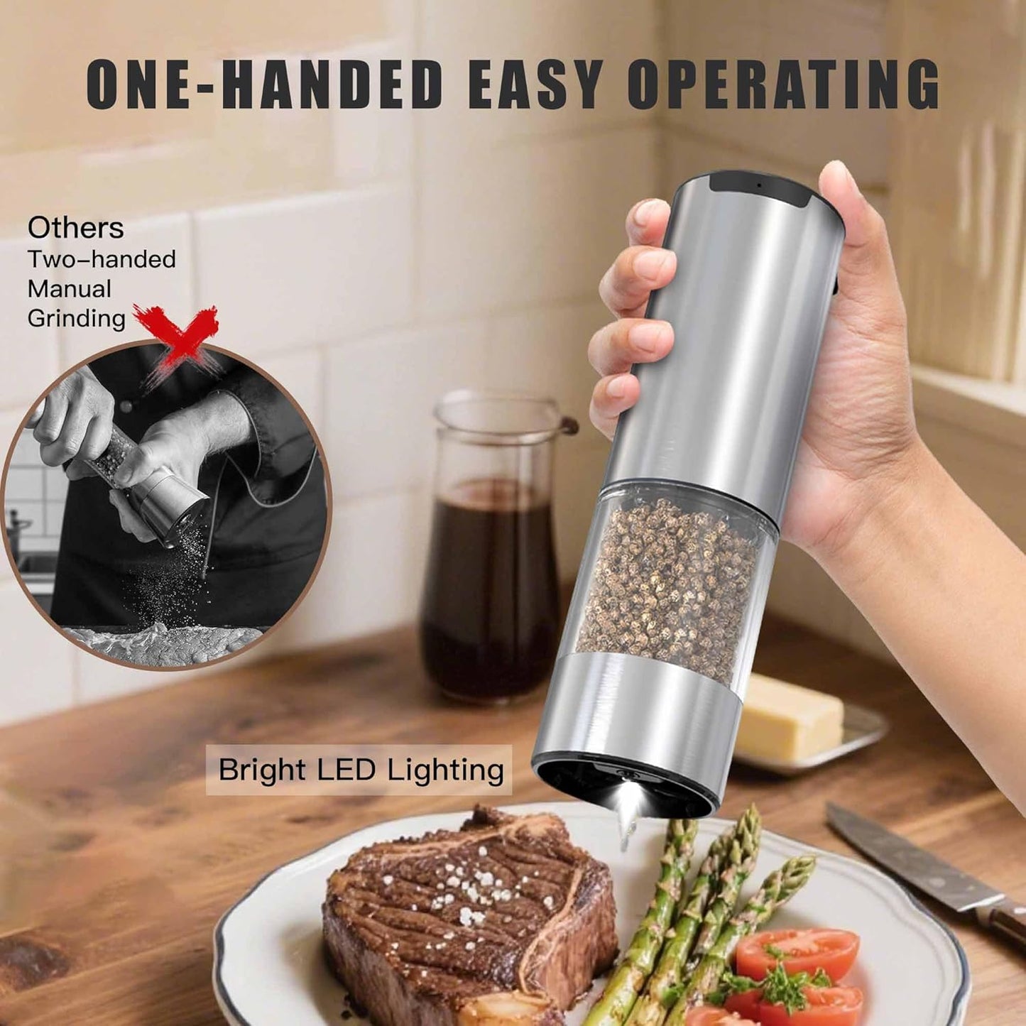 Electric Salt and Pepper Grinder Set, Rechargeable Automatic Pepper Mill Grinder with Led Light, One Hand Operation, Adjustable Coarseness, USB-C Recharging, Refillable, 95ml, Silver(2 Pack)