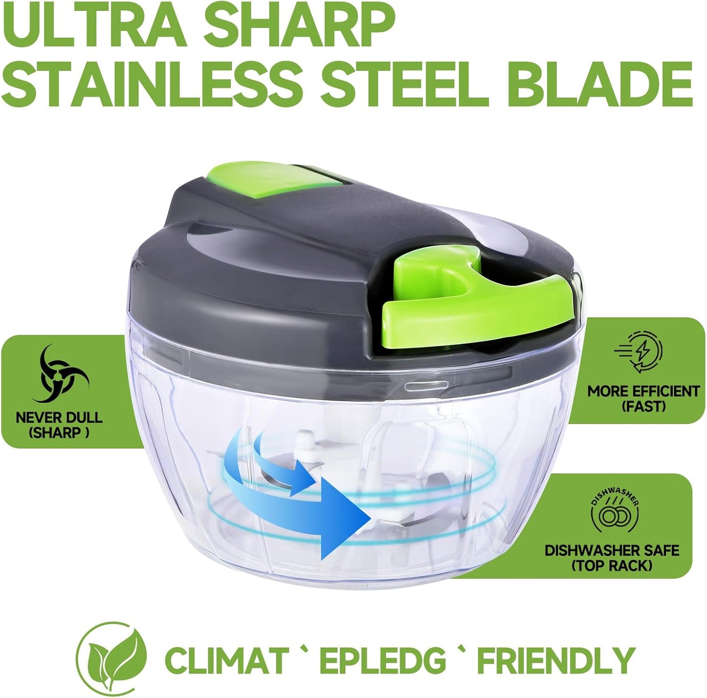 Manual Food Processor Vegetable Chopper, Portable Hand Pull String Garlic Mincer Onion Cutter for Veggies, Ginger, Fruits, Nuts, Herbs, etc., 500ml,（Gray-green）