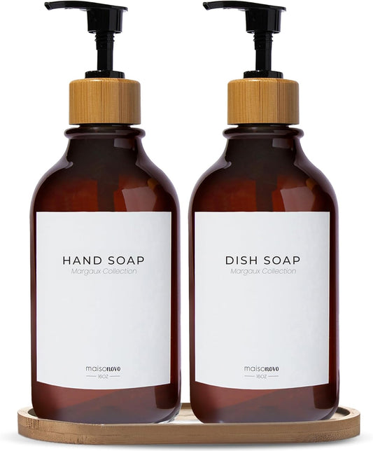 Maisonovo Plastic Soap Dispenser Set | Hand Soap and Dish Soap Dispenser Set | 16.9oz Amber Bottles with Black Bamboo Pump | Bathroom Lotion Dispenser with Pump Set of 2