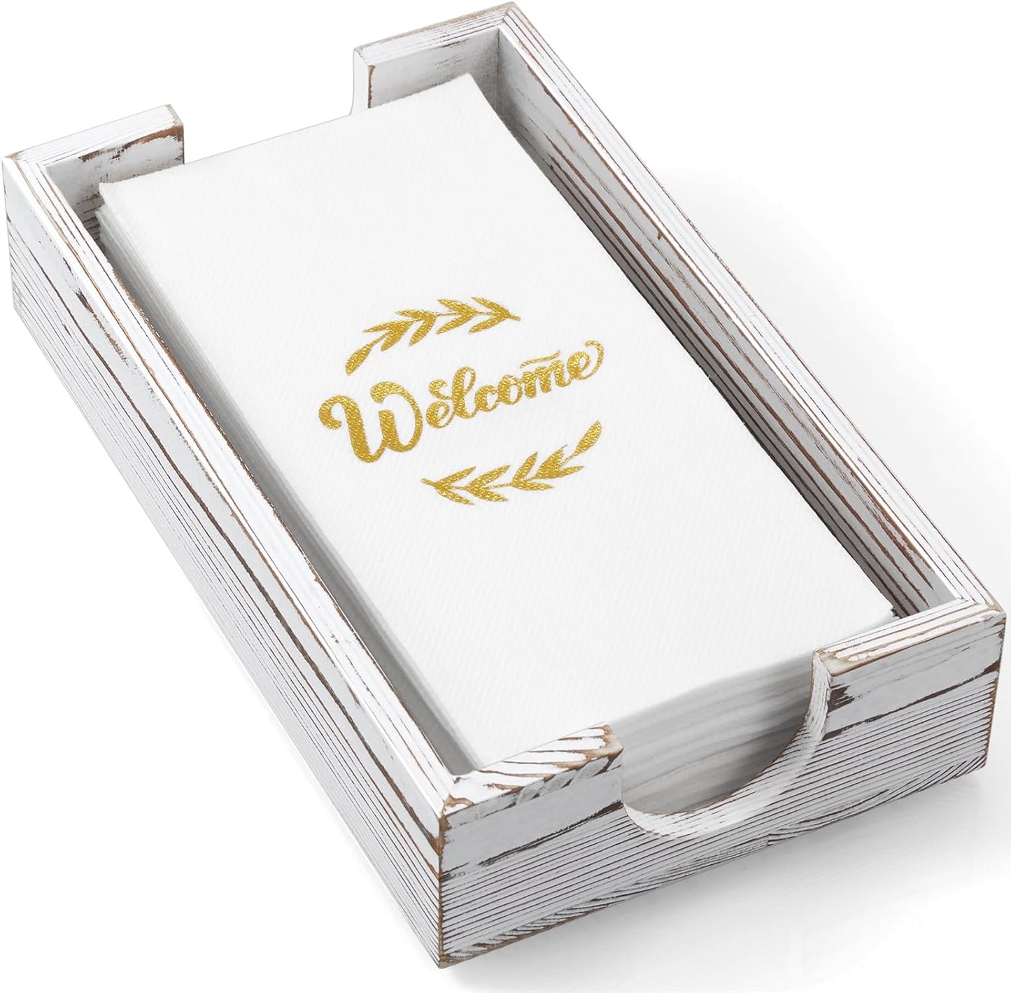 Napkin Holder for Bathroom, White Washed Wood Guest Towel Holder Tray for Bathroom, Disposable Paper Hand Towel Holder for Bathroom Accessories, Dinner Napkin Holder for Kitchen Table Party