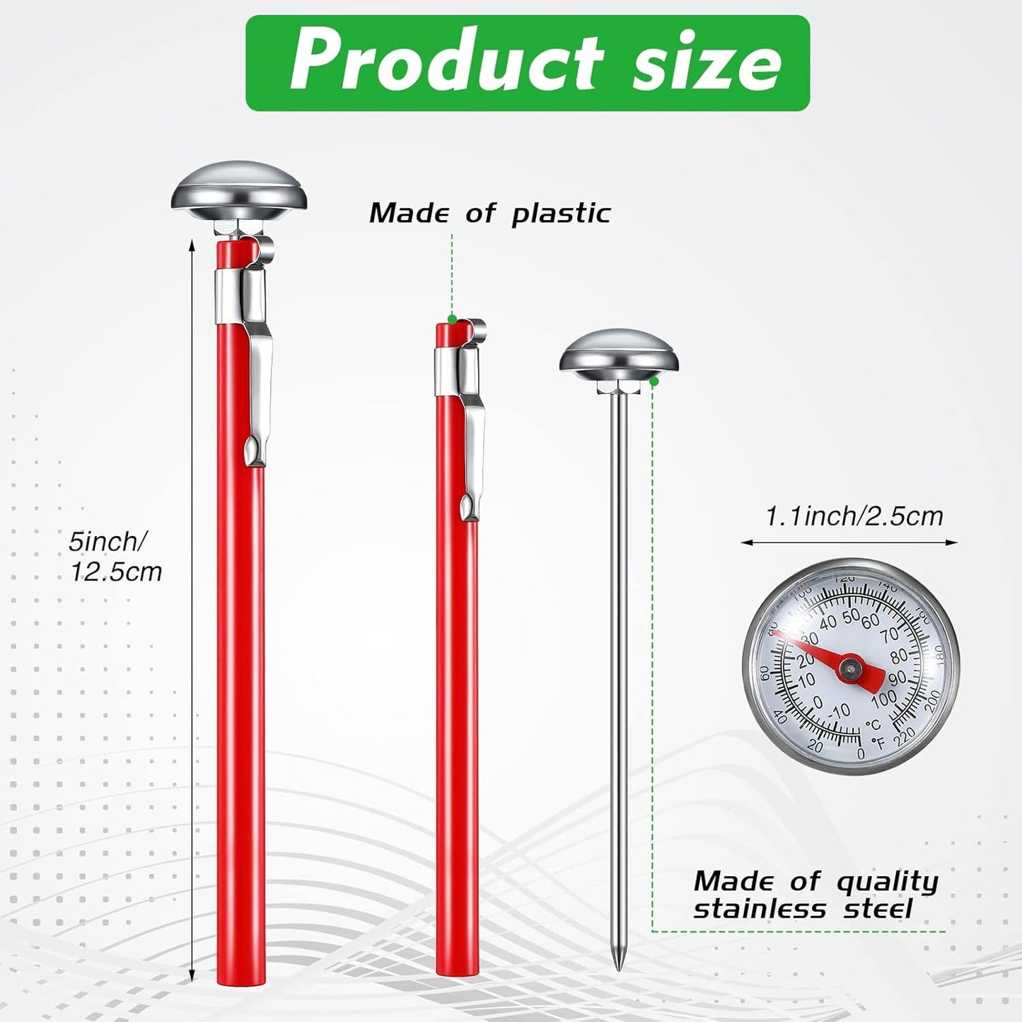 Xuhal 24 Pcs Stainless Steel Kitchen Thermometer with 5 Inch Long Stem 1 Inch Dial Thermometer Milk Frothing Food for Oven Probe Meat Grill BBQ Cooking Chocolate Water (Red)