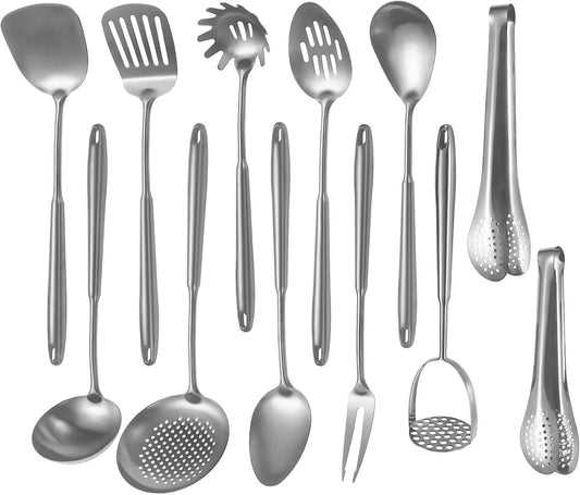 304 Stainlss Steel Kitchen Utensils Set, 12 Pcs Long Metal Cooking Utensil Gadgets Tools Set with Spatula, Ladle, Spoon, Ladle, Skimmer, Tunner, Pasta Server, Tongs(Silver, Dishwasher Safe)